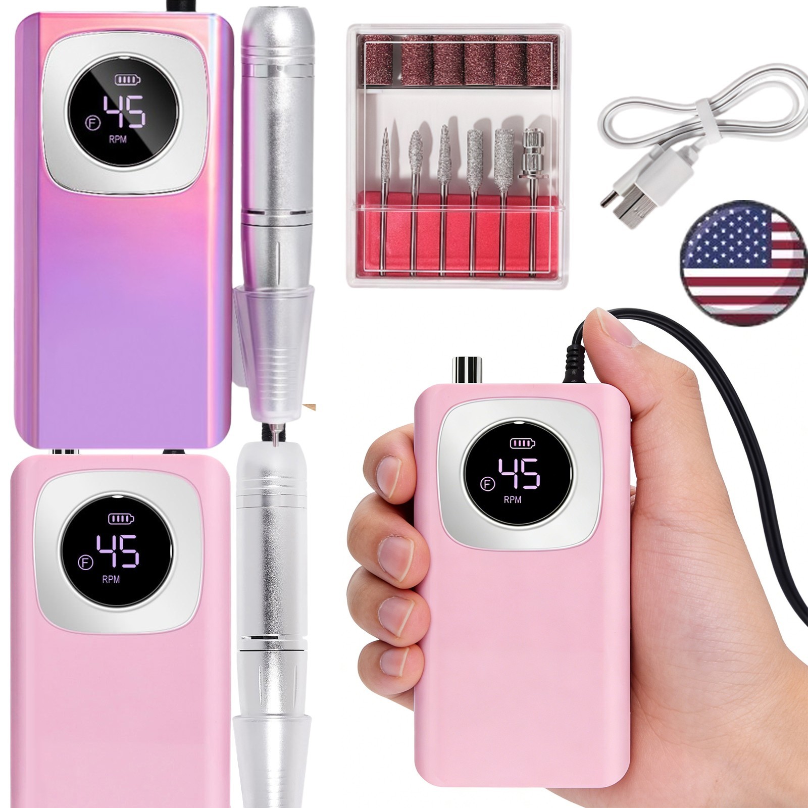 Rechargeable Electric Nail Drill Machine 45000RPM Portable Low Noise Sander File