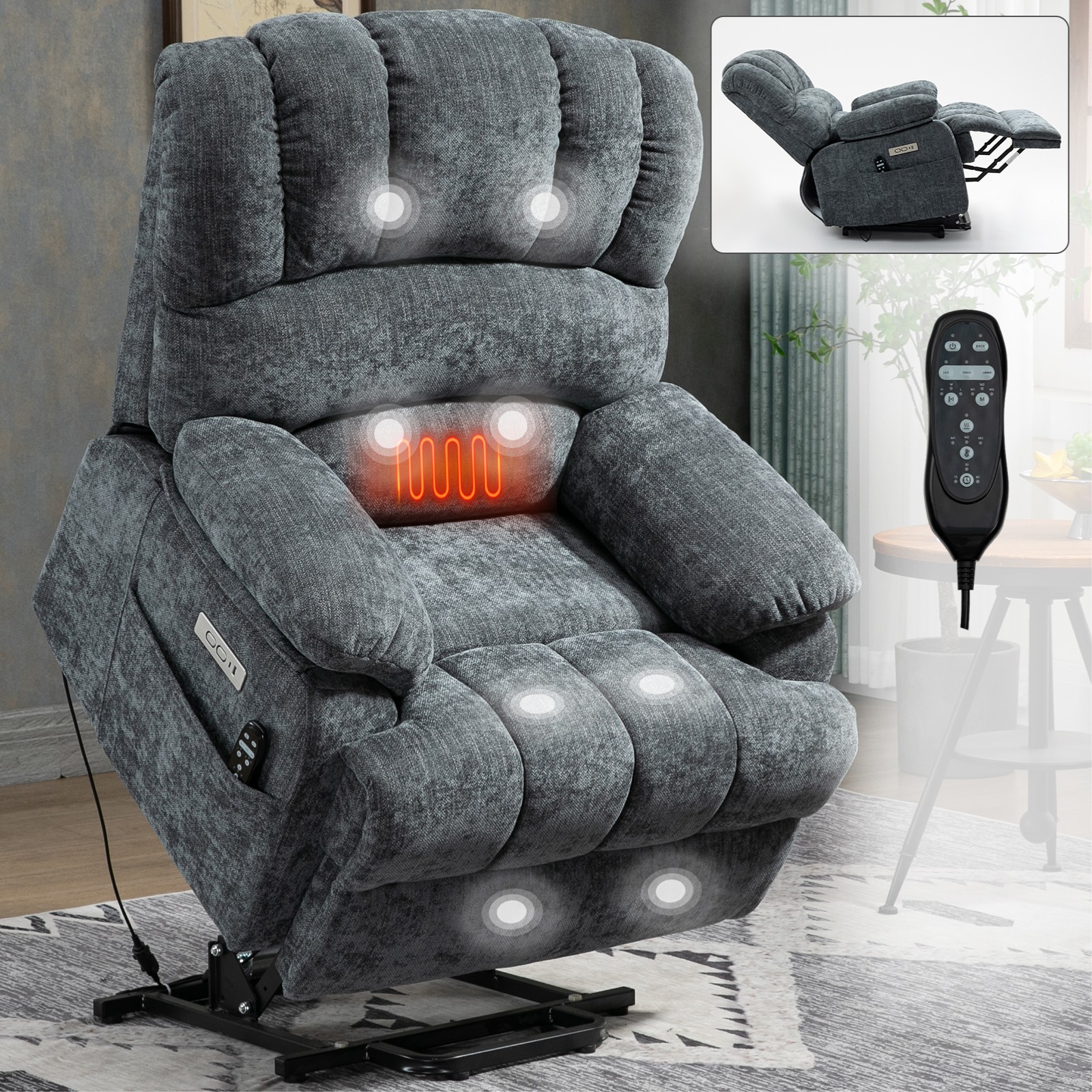 23" Seat Width and High Back Large Size Blue Grey Chenille Power Lift Recliner C