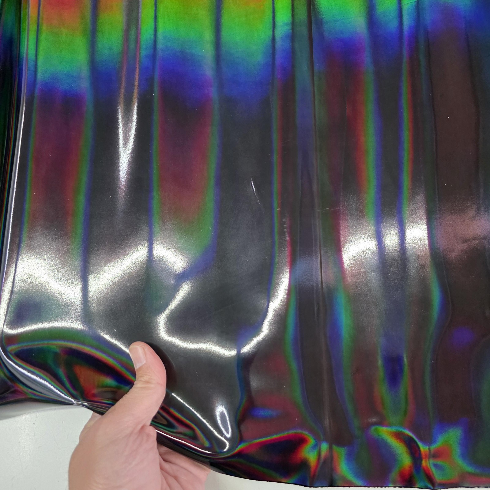Color Black Iridescent Cow Patent Leather: Holographic Rainbow Glossy Metallic