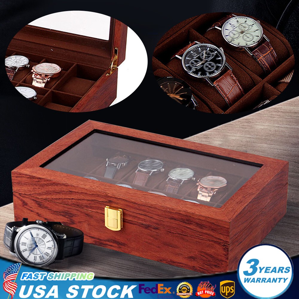6/10/12 Slot Wood Watch Box Glass Top Vintage Display Jewelry Storage/ Organizer