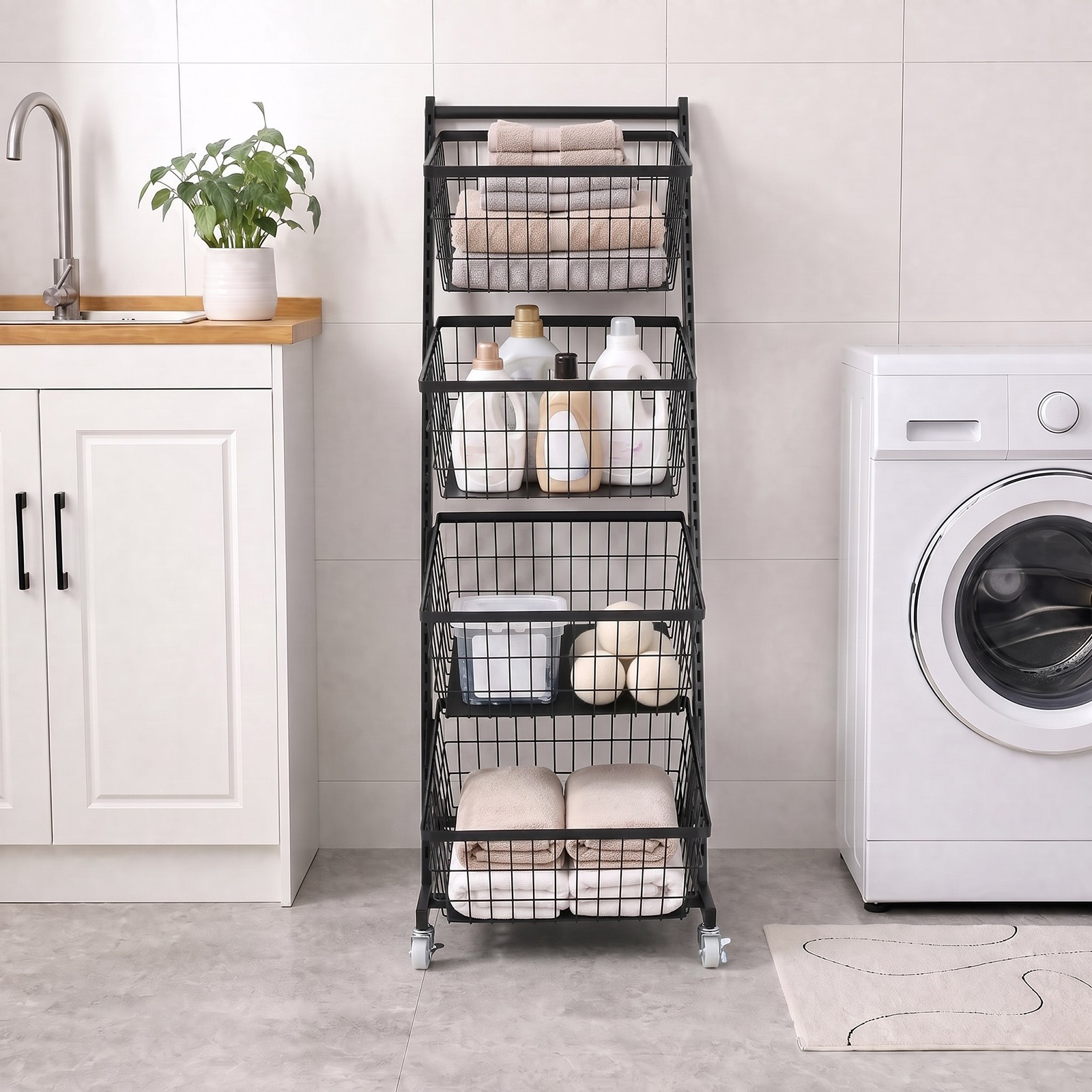 Single-row Store Snack Display Rack w/Wheels,Steel Kitchen Organizer w/4 Baskets