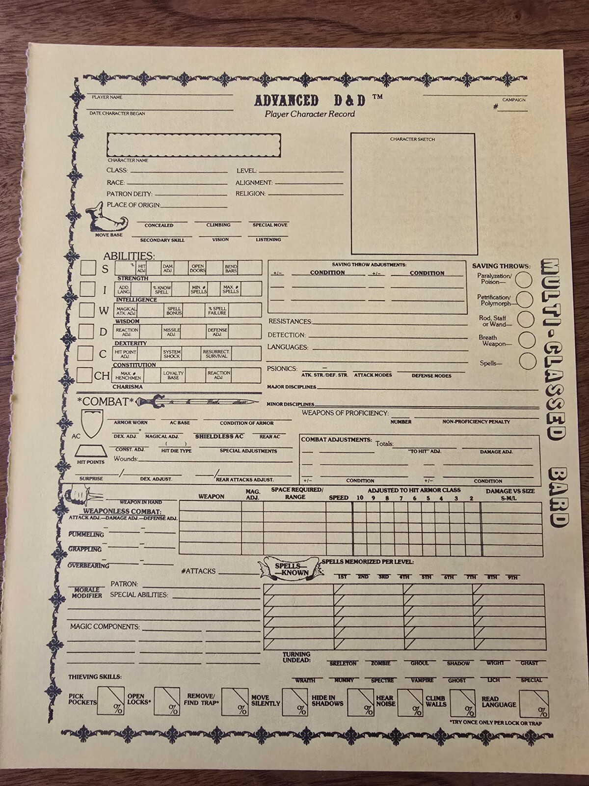 AD&D REF2 Player Character Record Sheet Singles Multi-Class/Bard TSR