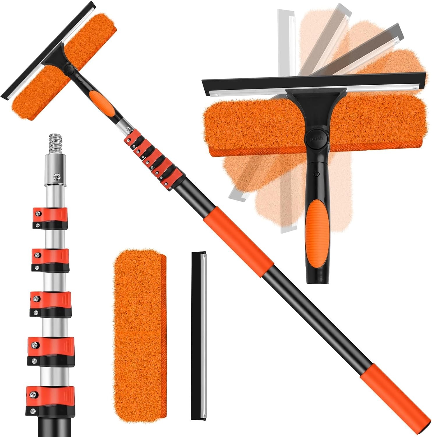 30FT High Window Cleaning Kit w/ Pole, 2 in 1 Squeegee 5-24FT Telescoping Orange