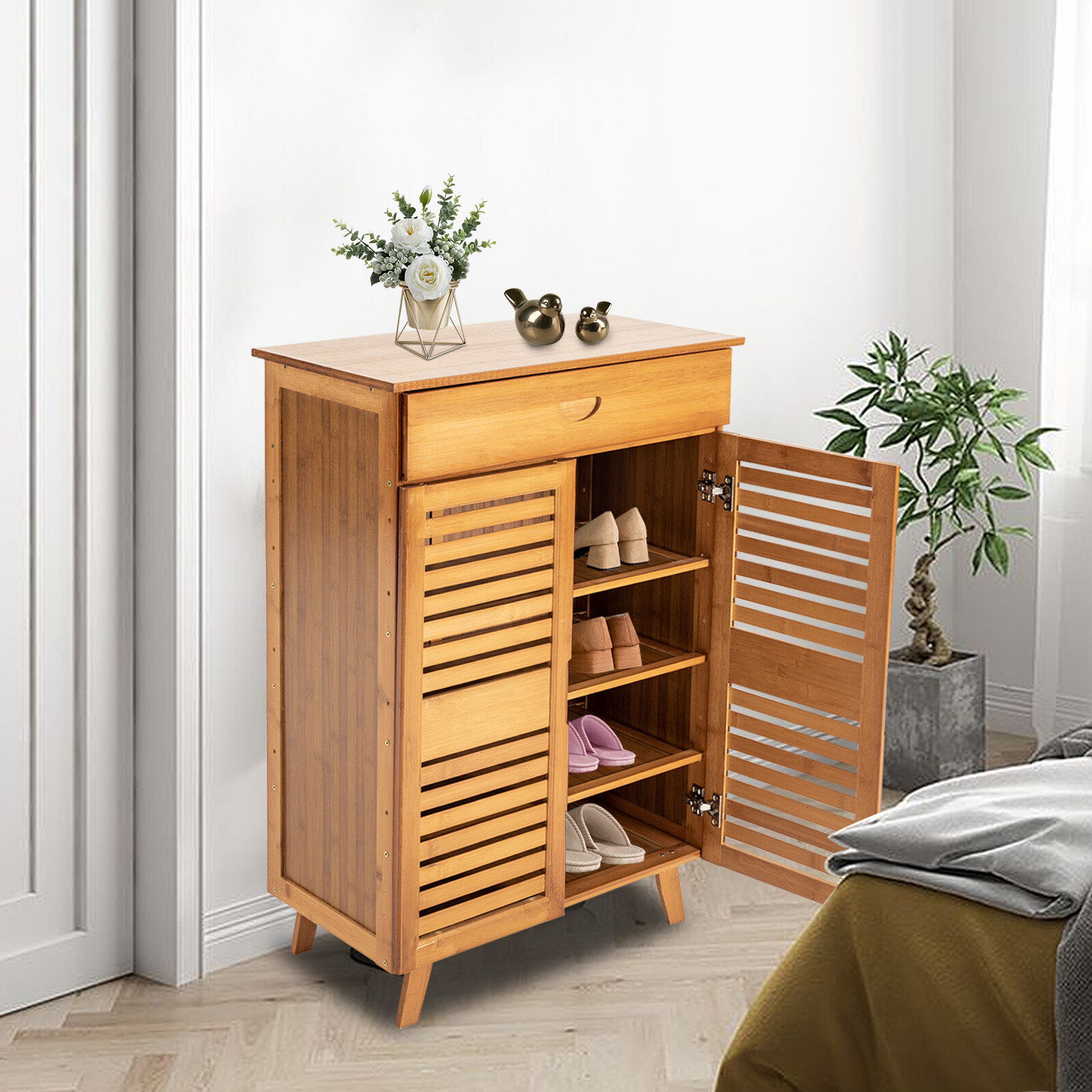4-Tier Shoe Rack Retro Storage Drawer Pantry Cabinet Brown Bamboo Shoe Cabinet