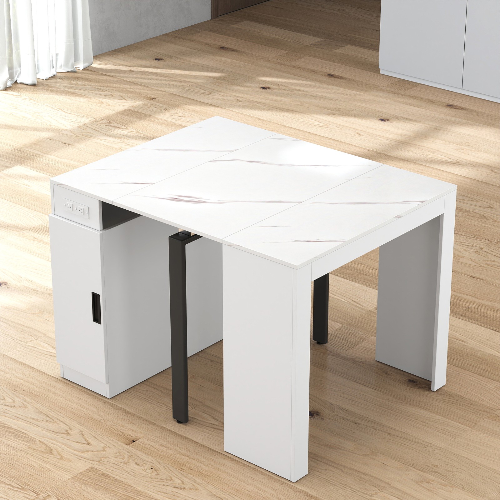 Modern Multifunctional Extendable Dining Table with Outlet, Space Saving Table