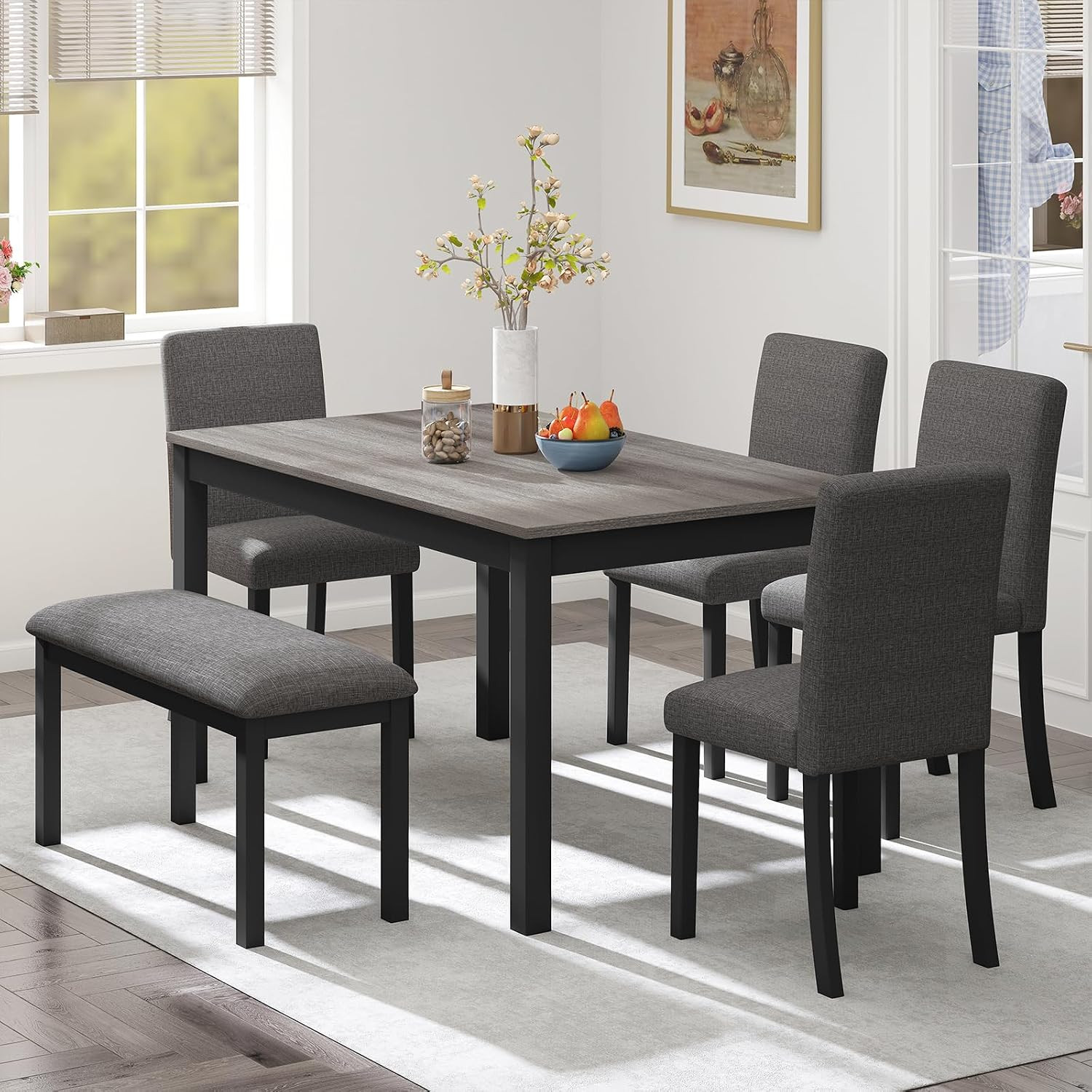 6-Piece Solid Wood Dining Table Set, Wooden Legs, Dark Grey | Including 1 Dining