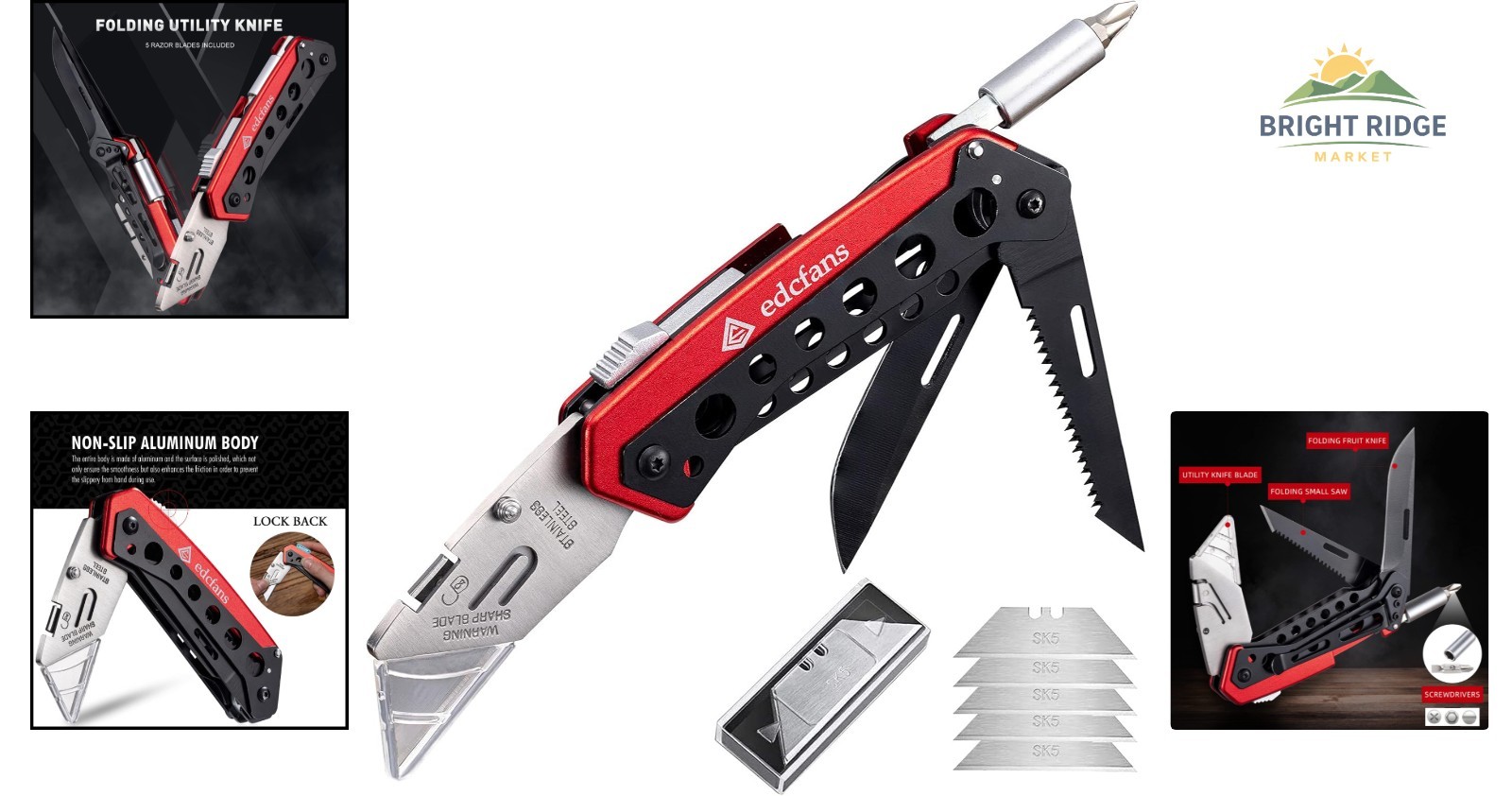 Multicolor Folding Utility Knife with Box Cutter, Saw and Screwdriver Features