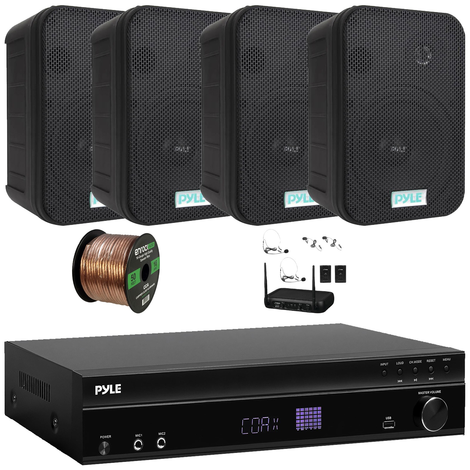 Pyle FM Home Receiver, 4x 6.5'' 500W Indoor/Outdoor Speakers + Wireless Mic