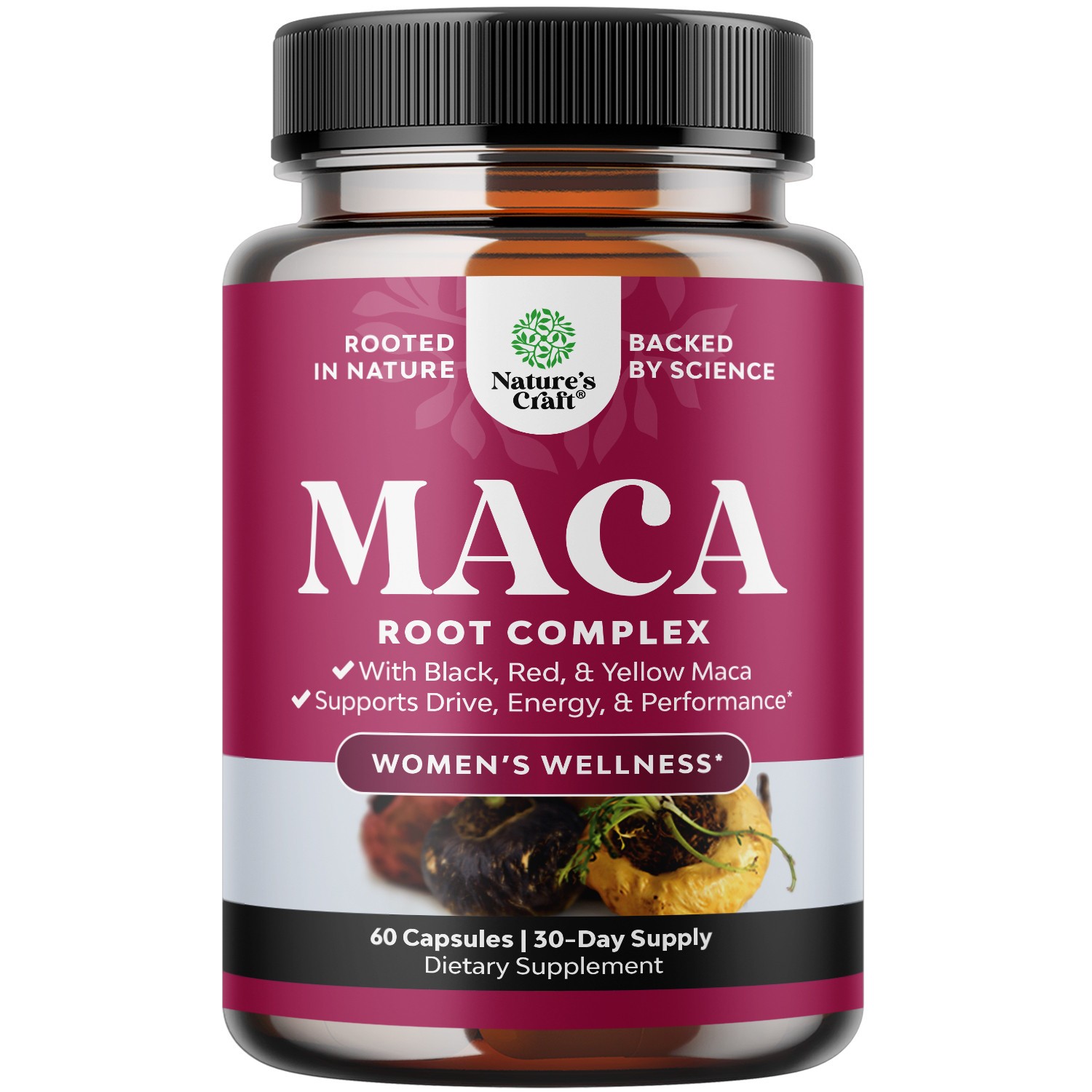 Maca Root Capsules for Women Potent Herbal Supplement Vegan and Gluten-Free 60ct