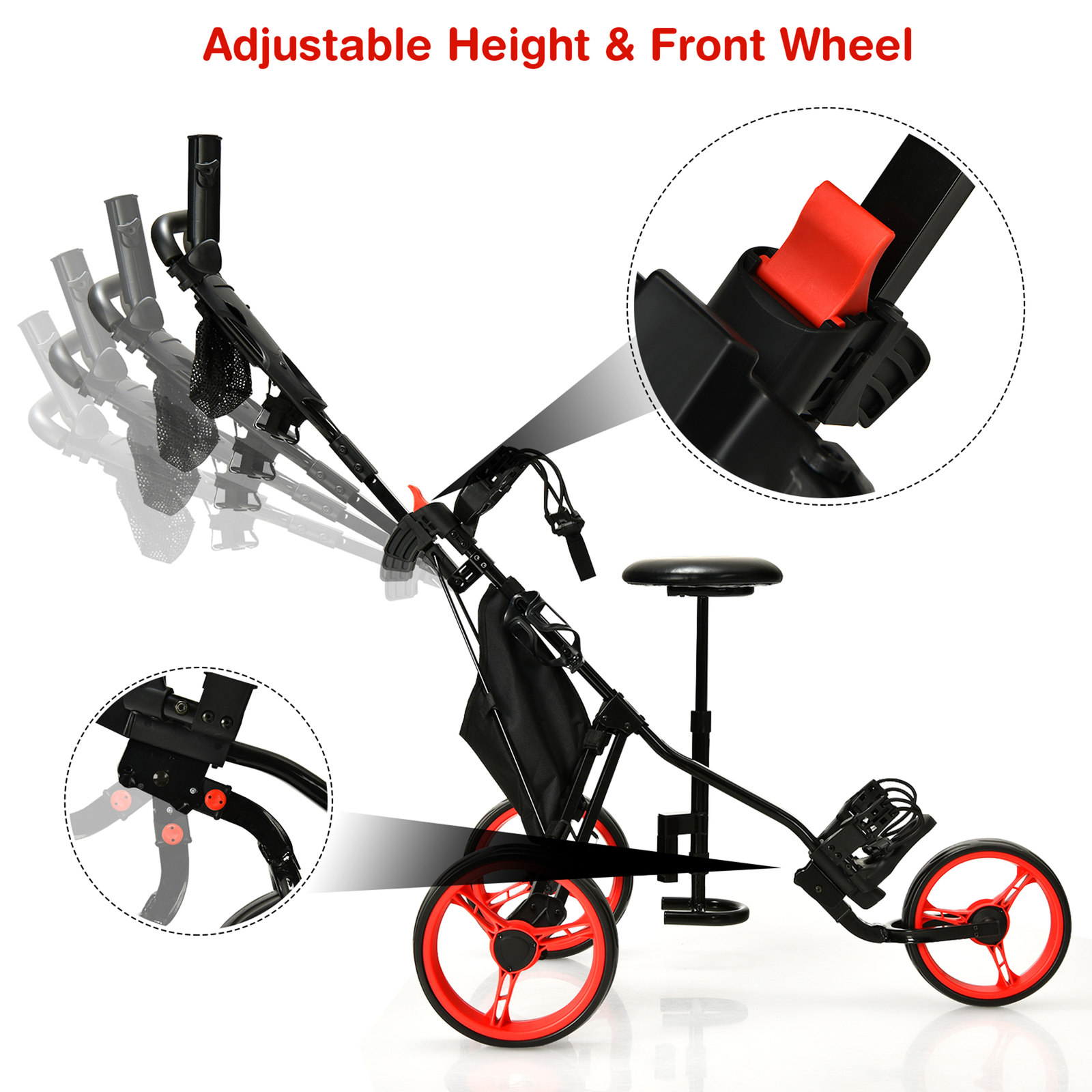 3-Wheel Foldable Golf Push Pull Cart Trolley w/ Seat Adjustable Handle Red