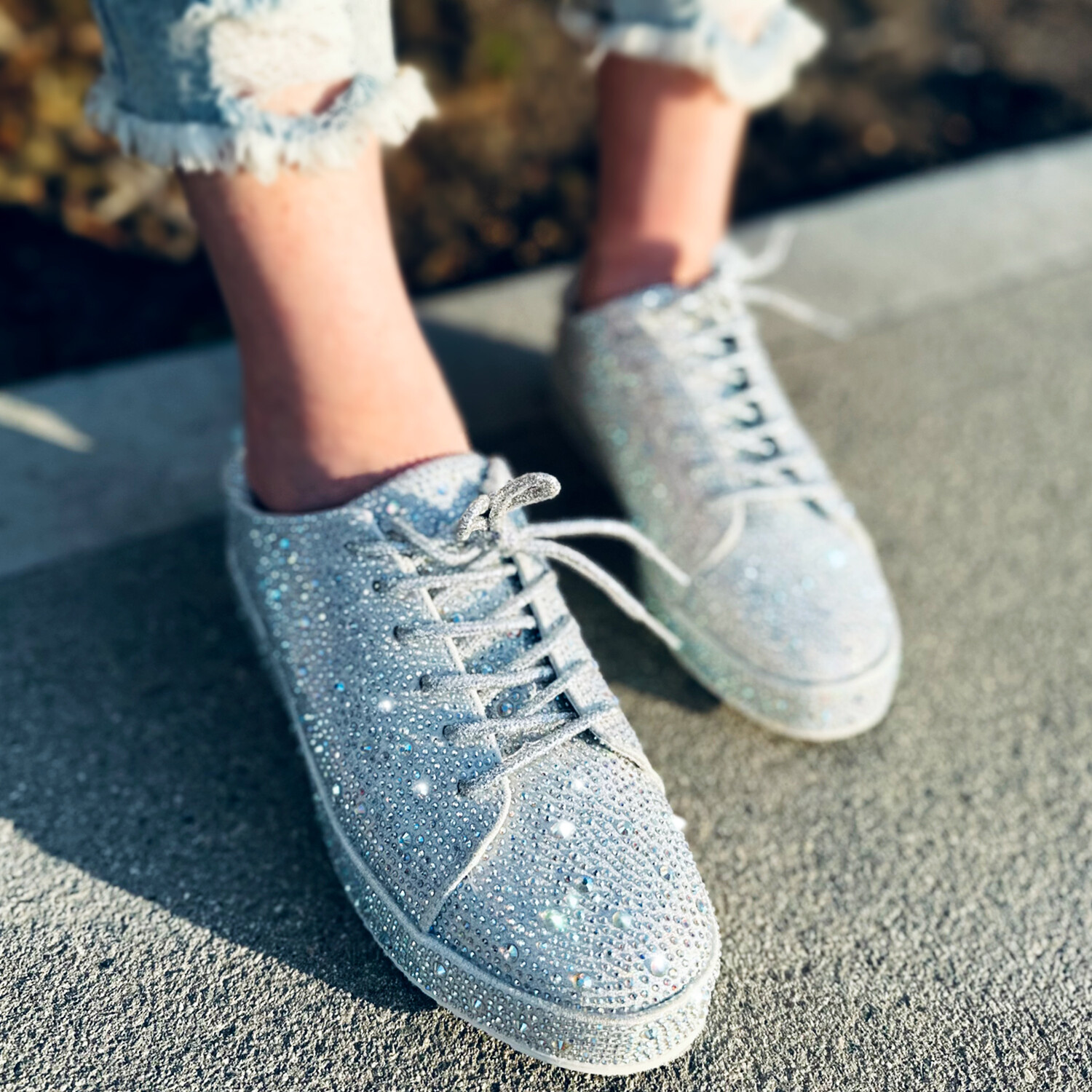 New Women's Bling Rhinestone Crystal Embellished Lace Up Sneakers Flat Platform