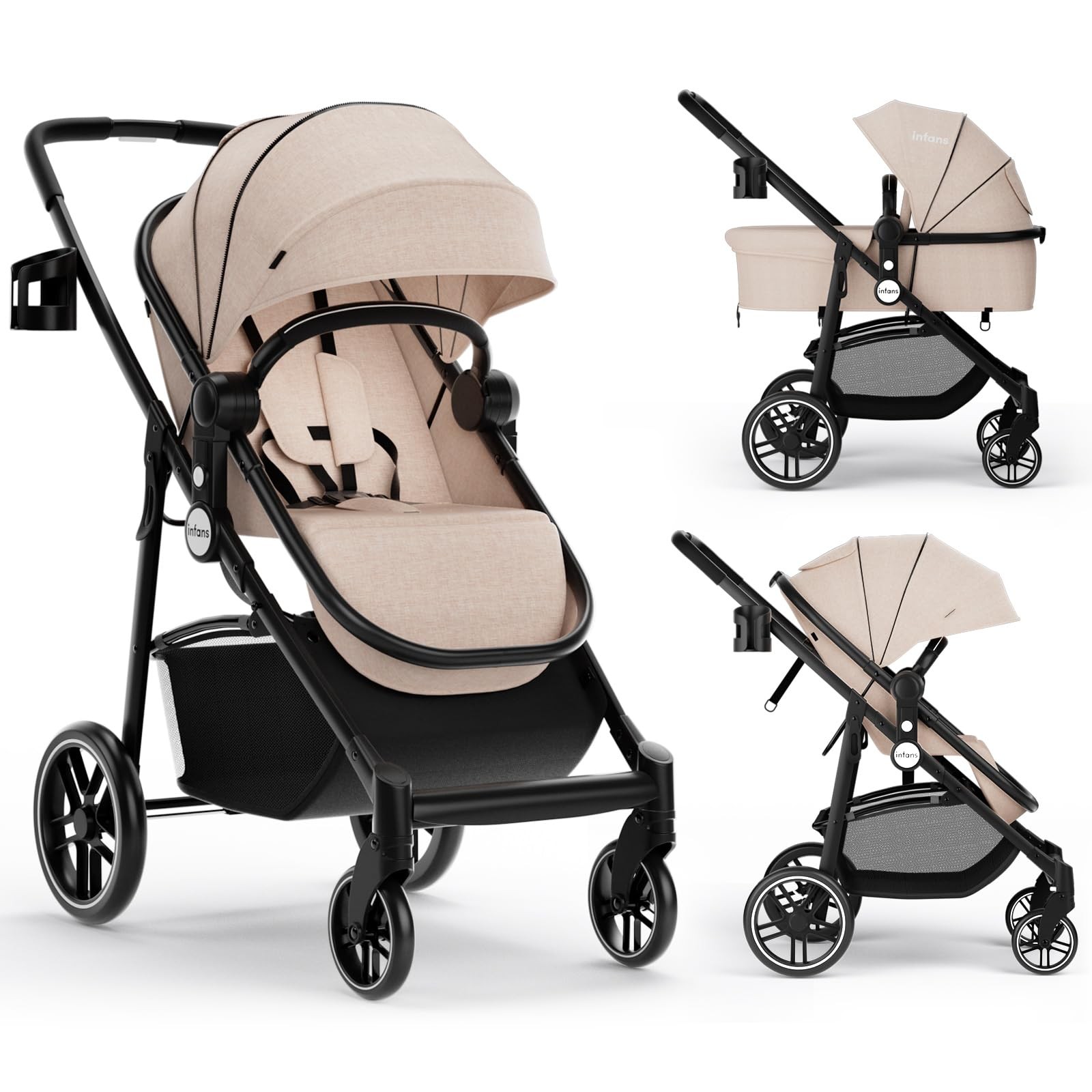 2 in 1 Baby Stroller with High Landscape Design, Storage Basket Cup Holder Pram