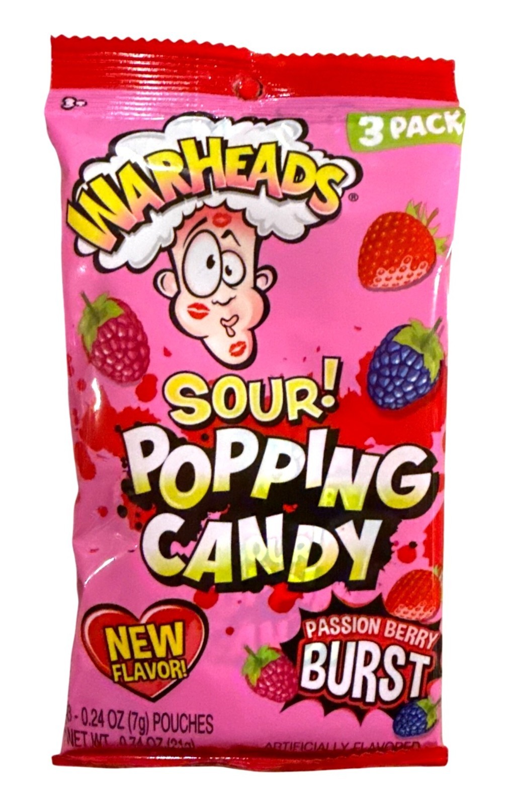 0.72oz/3ct WARHEADS Sour Popping Valentine Candy Passion Berry Burst New Flavor