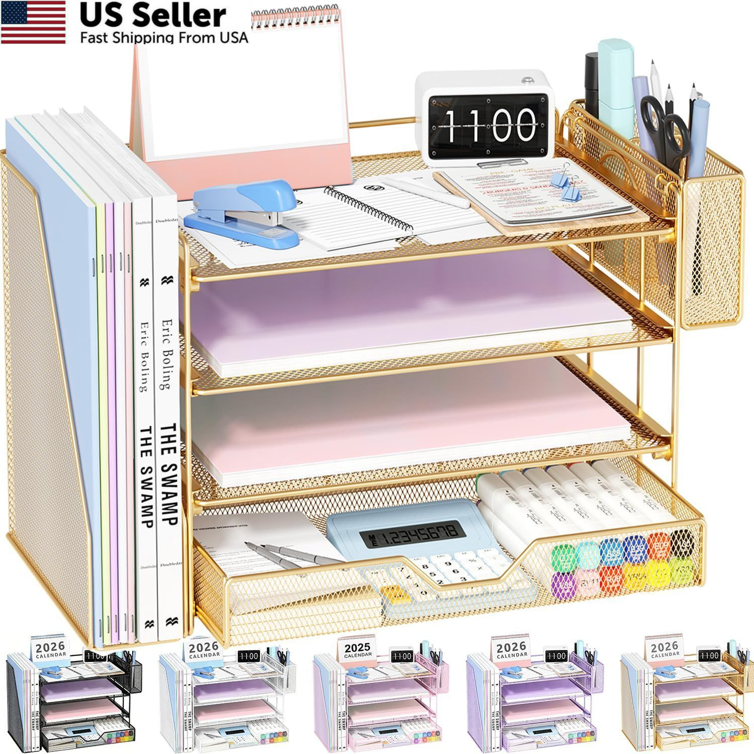 OPNICE Desk Organizers and Accessories, 4-Tier Office Four-layer, Gold