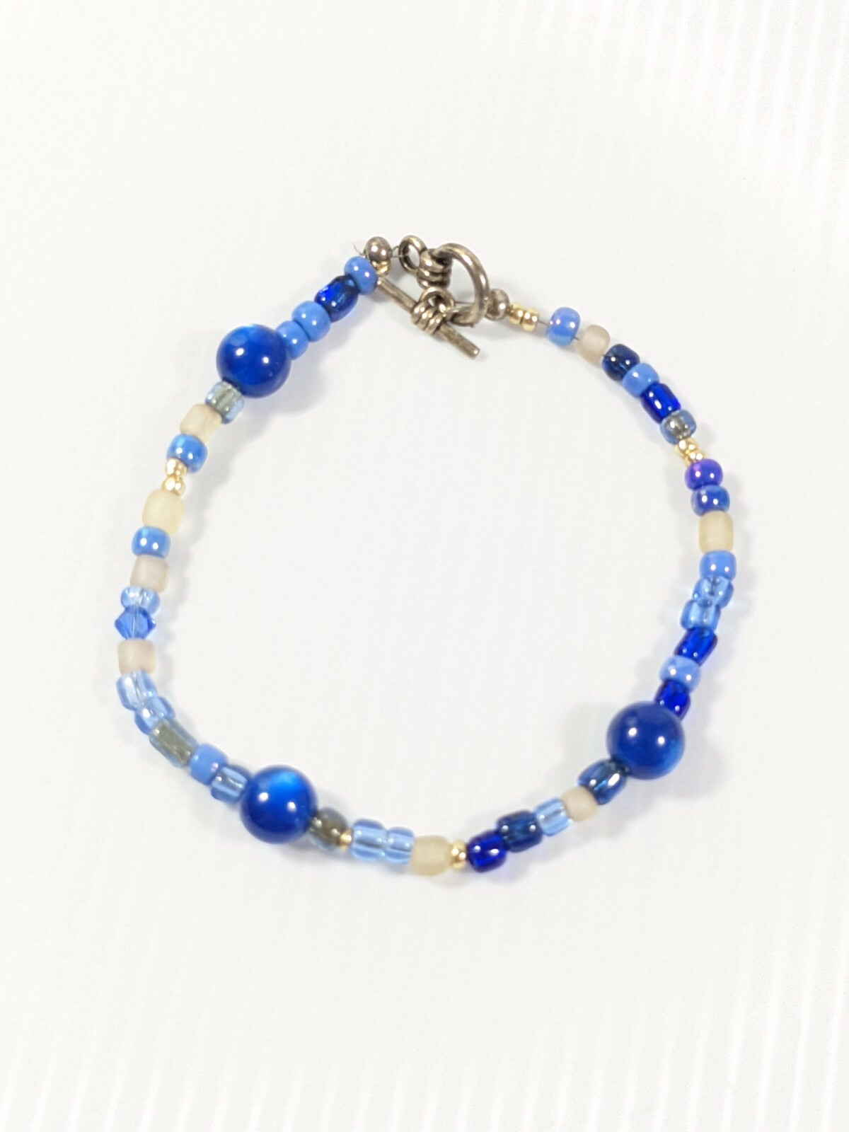 Artisan Silver Tone Blue Glass Round Bead Toggle Bracelet 8 inches