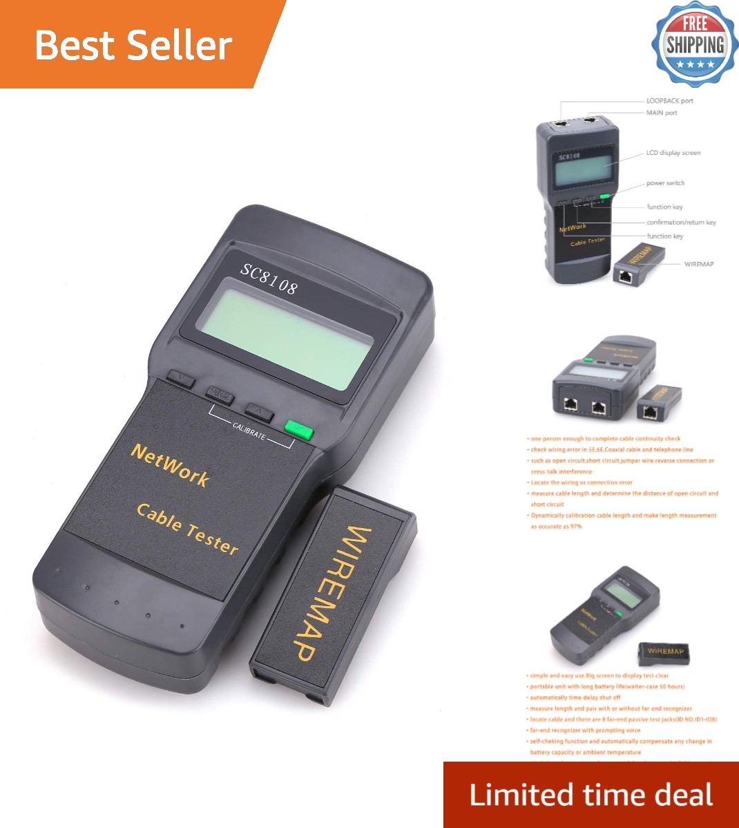 Digital Network Cable Tester for RJ45 STP UTP with Large Display & Battery Power