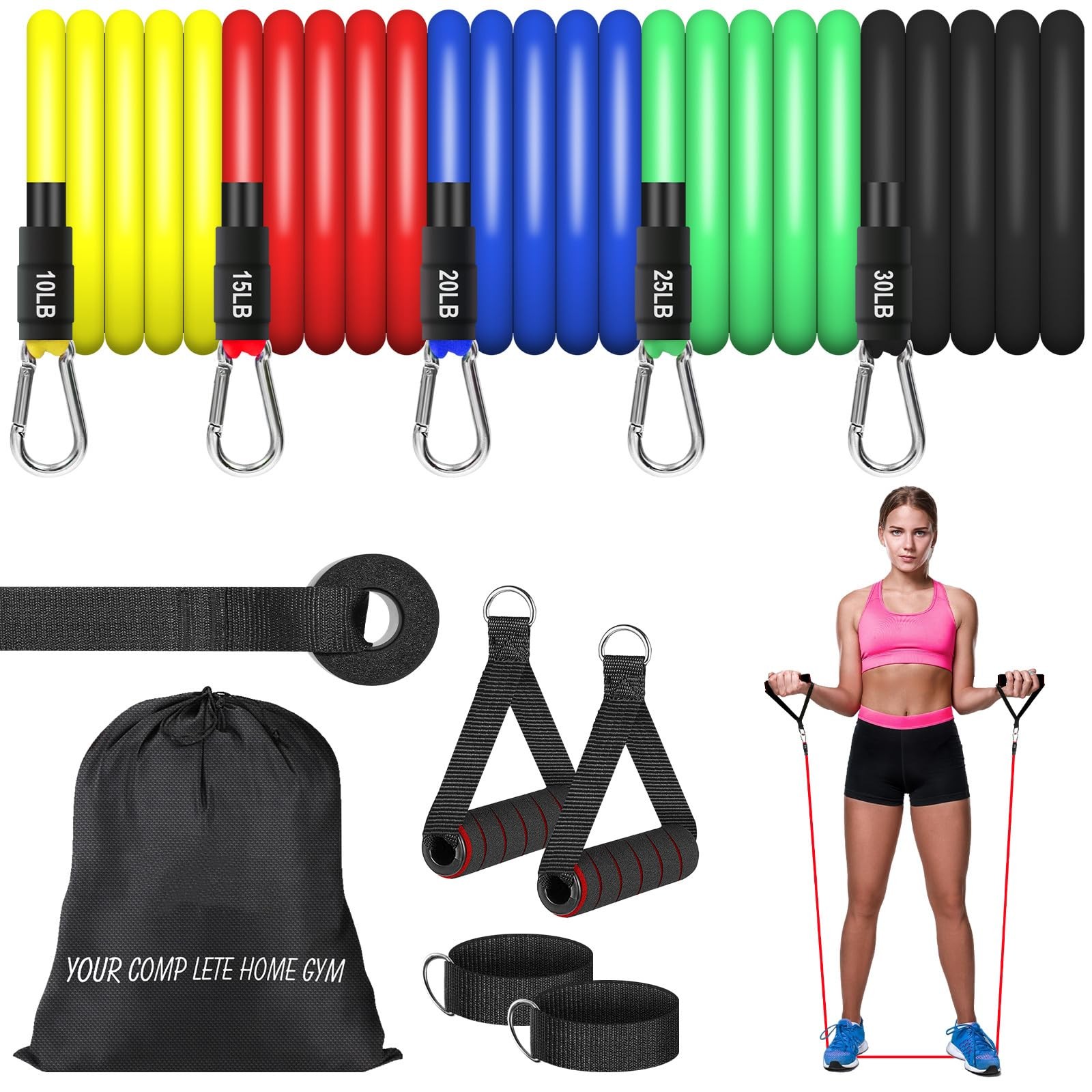 Resistance Bands Set (12pcs), Workout Bands with Handles, Door Anchor, Ankle ...