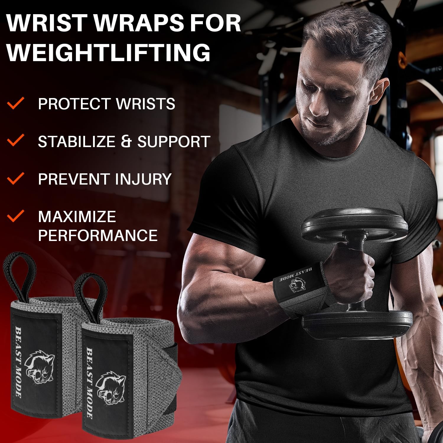 Weightlifting Wrist Wraps with Thumb Loop – Gray – Beast Mode – 12 inch – Hea...