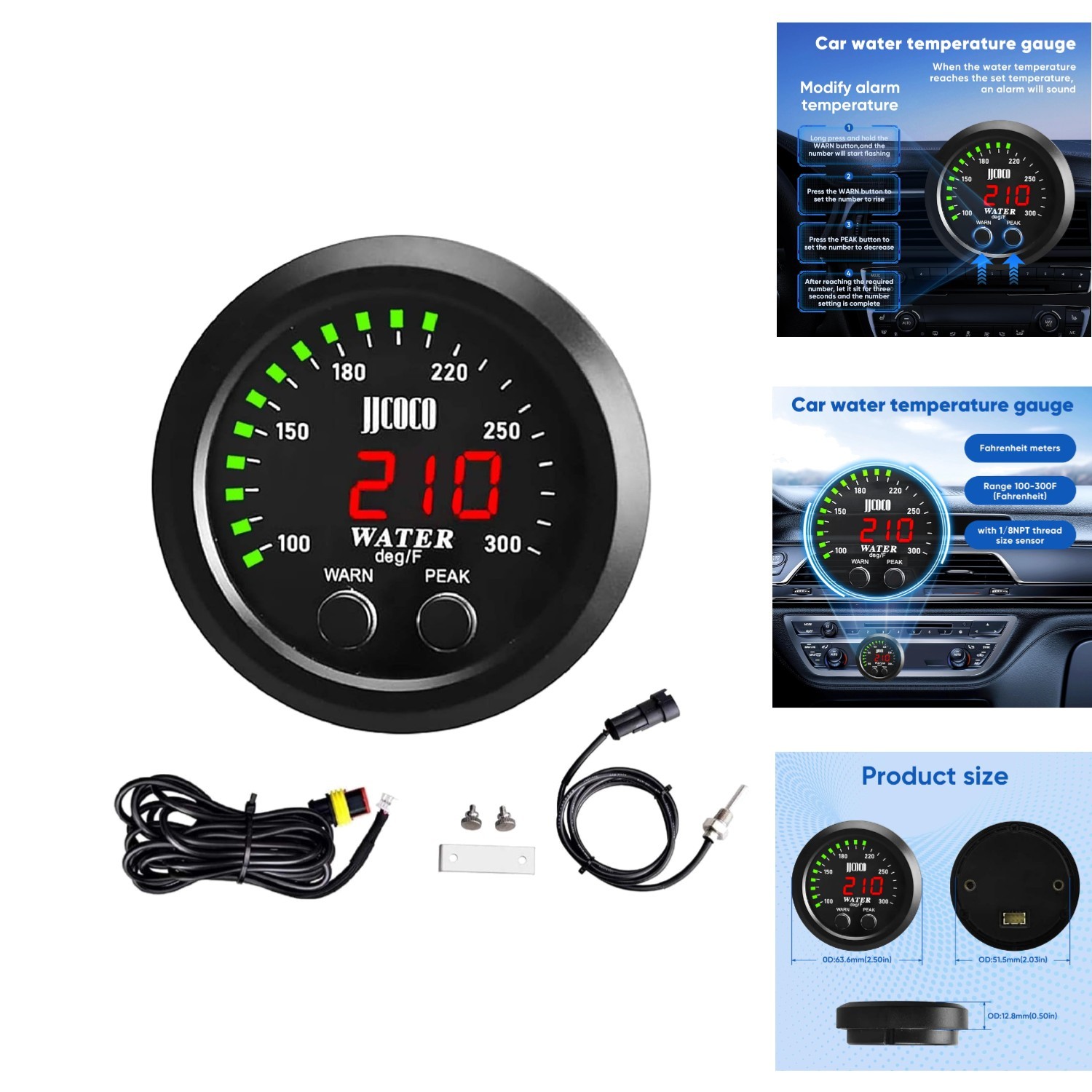 Universal 52mm Digital Water Temperature Gauge with Alarm for Cars 100-300F