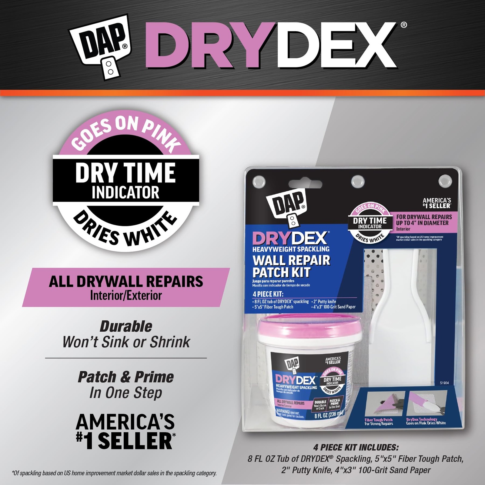 DAP DryDex Spackling Wall Repair Patch Kit, with Pink/White 8 oz,