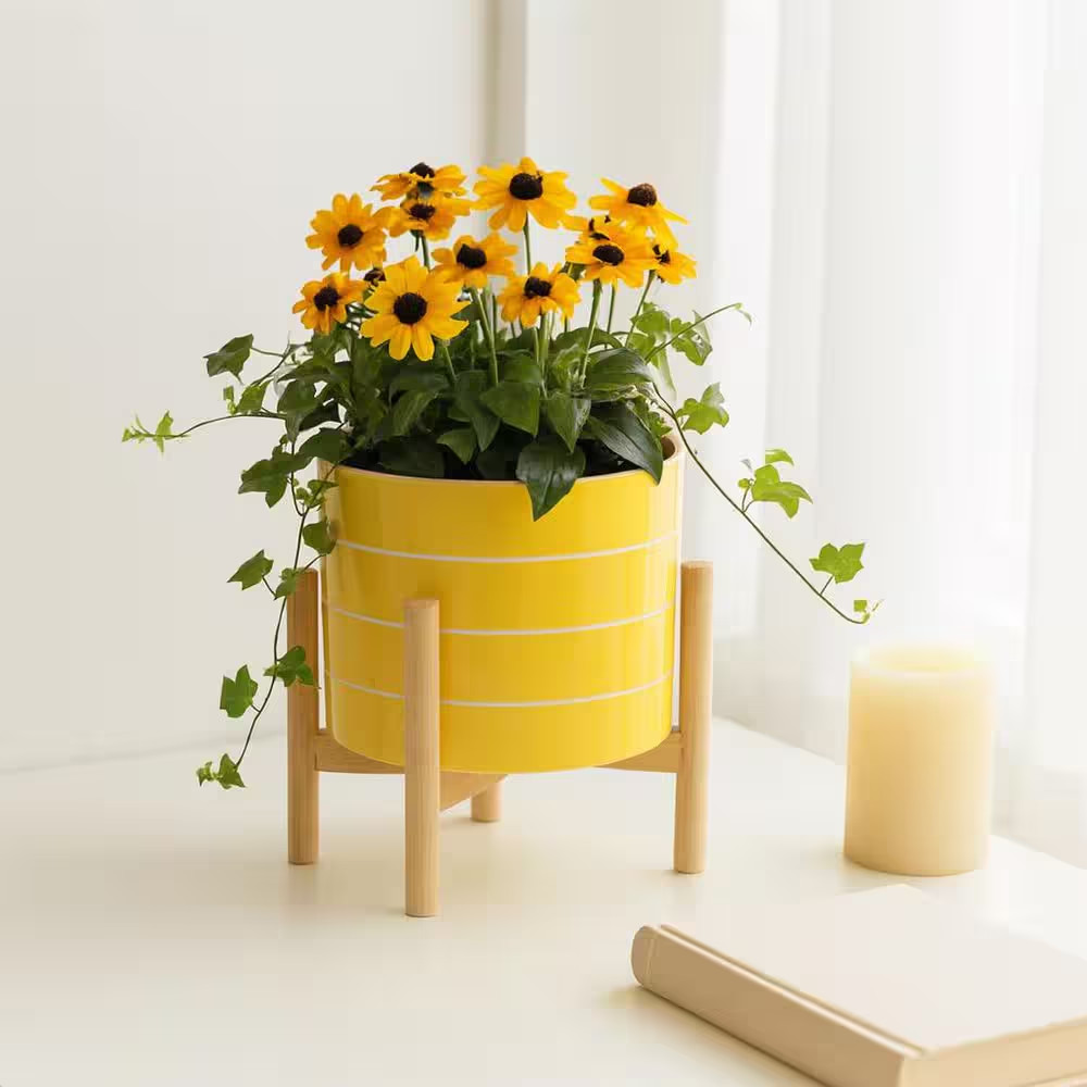 Yellow Ceramic Striped Planter (8 In. W X 9 In. H) with Wood Stand