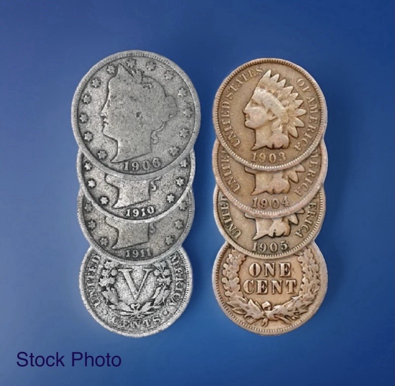 6-COIN U. S. LOT - 3 Liberty “V” Nickels & 3 Indian Head Cents MIXED FULL DATES