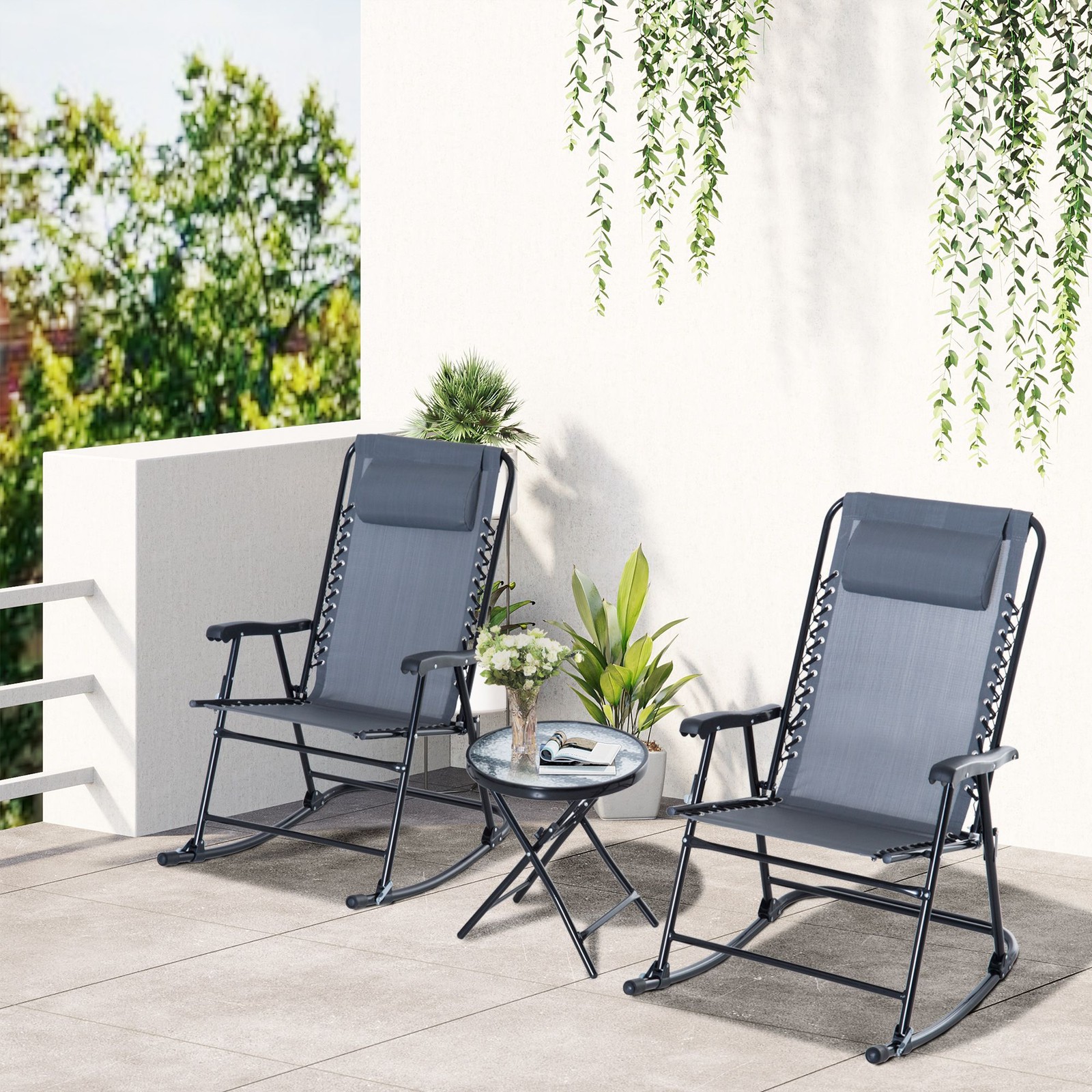 Portable Folding Bistro Set 2 Rocking Chairs 1 Side Table 18"Dia