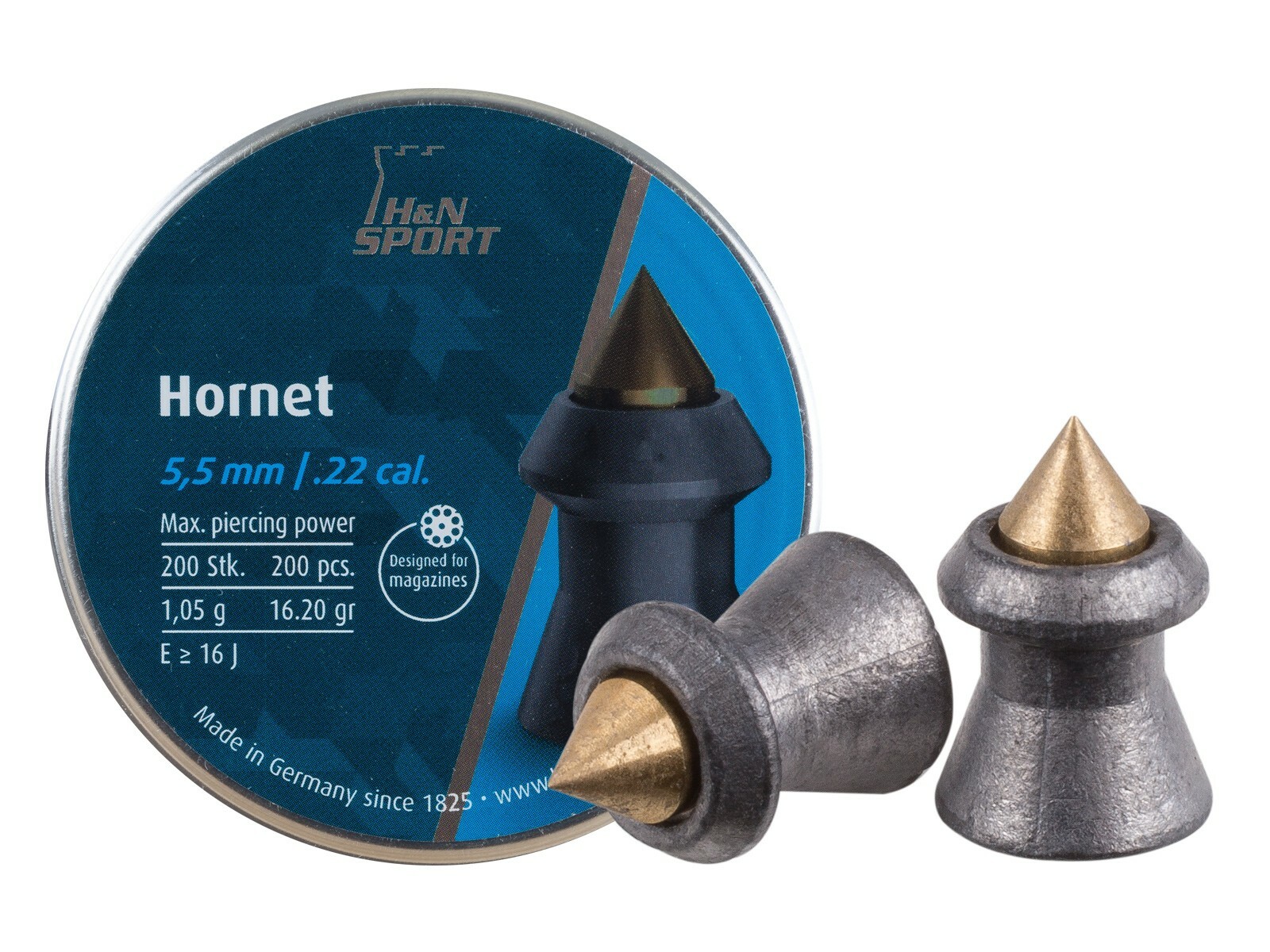 H&N Hornet 200 Count BRASS POINTED 5.5mm .22 Caliber Pellets MADE IN GERMANY