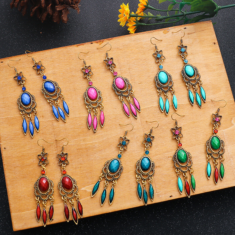 Ethnic Bohemian Bronze Color Opaque Rhinestones Tassels Dangle Hook Earrings