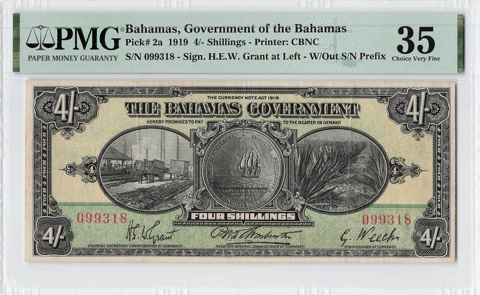 Bahamas, Government of the Bahamas, P-2a 1919 4/-Shillings, PMG Graded 35 Choice