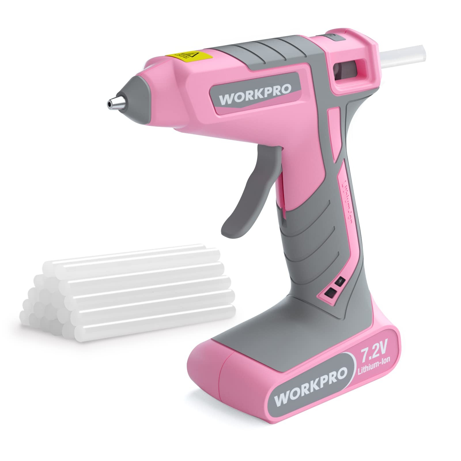 WORKPRO Pink Cordless Hot Glue Gun, 7.2V Rechargeable, Fast Heat, w/ 20 Glue Sti