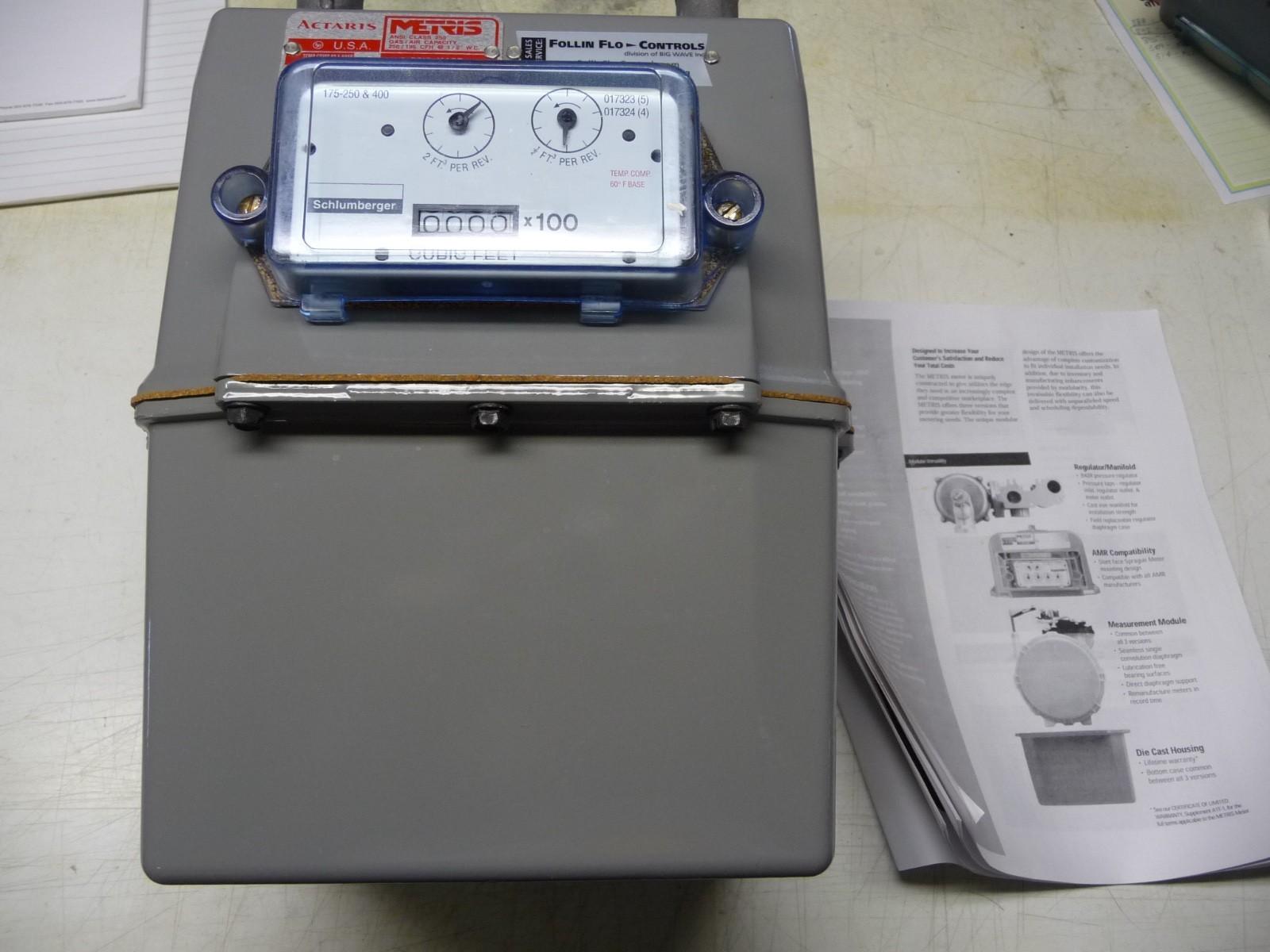 Metris 250 (Actaris) Diaphragm Gas Meter, 250 CFH, ANSI B109.1, 3/4" NPT In/Out