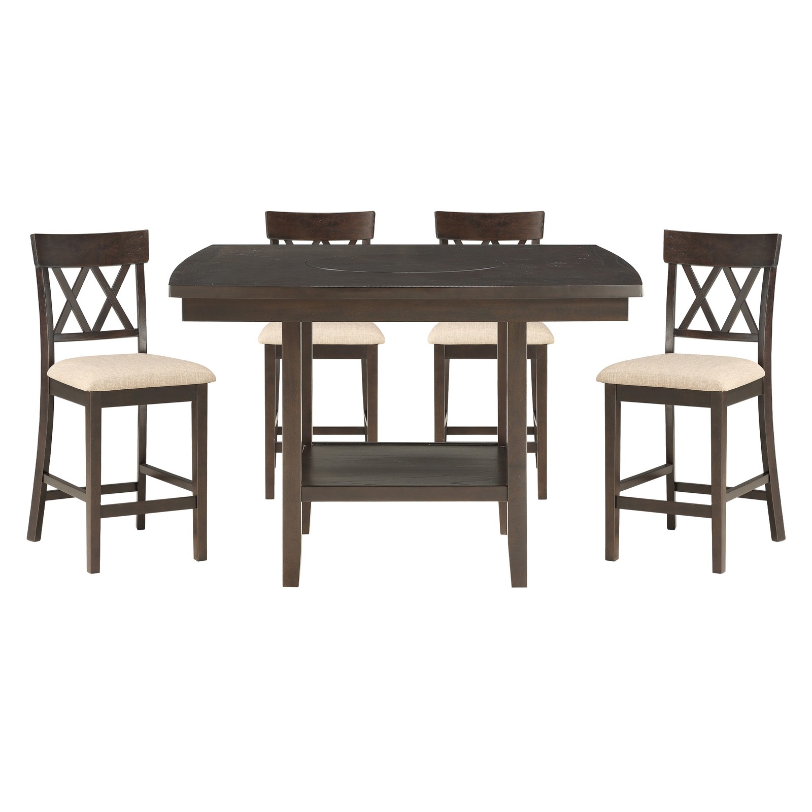 Dark Brown Finish Counter Height Table with Lazy Susan Lower Display Shelf and