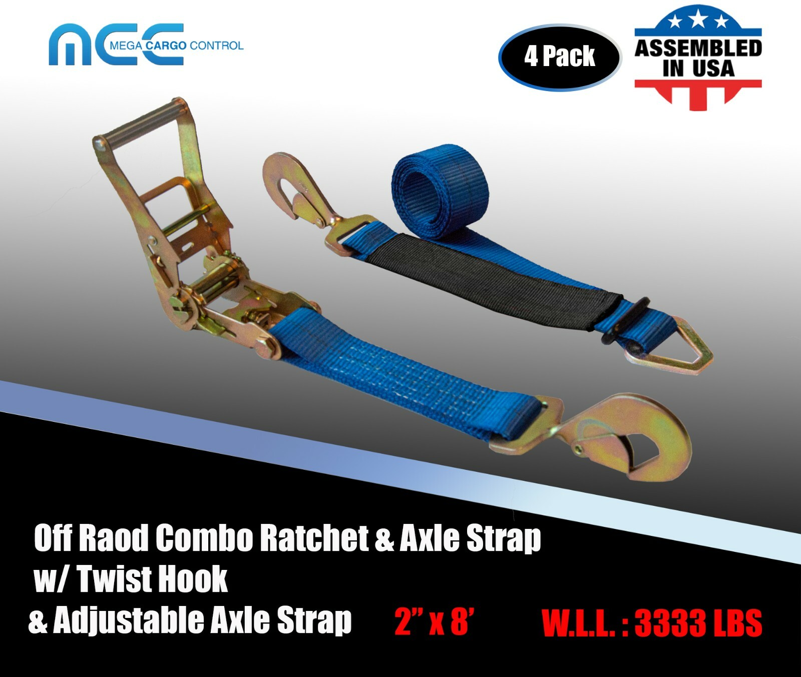 USA 4 Pack 2" x 8' Ratchet Tie Down Axle Strap for Race Car Trailer Car Hauler