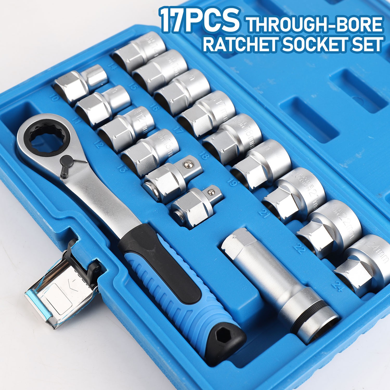 17PCS Pass Through Socket Set w/ Socket Adaptor & Bar Chrome Vanadium Steel