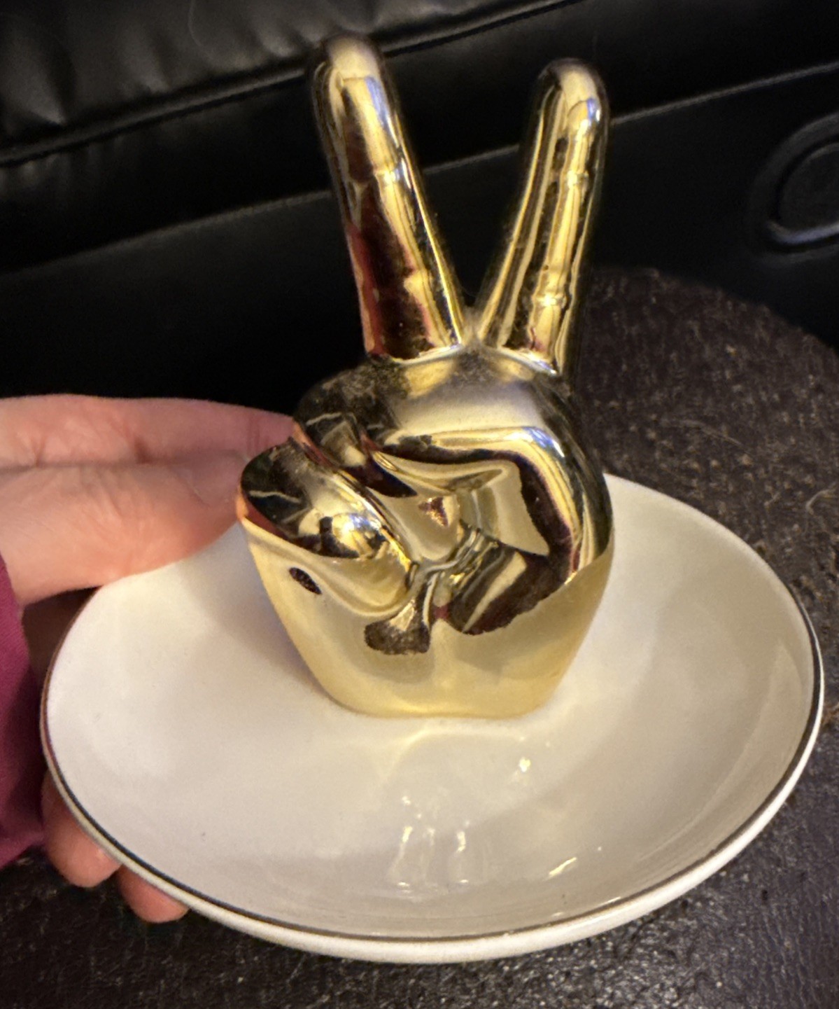 Gold peace sign jewelry and trinket holder dish
