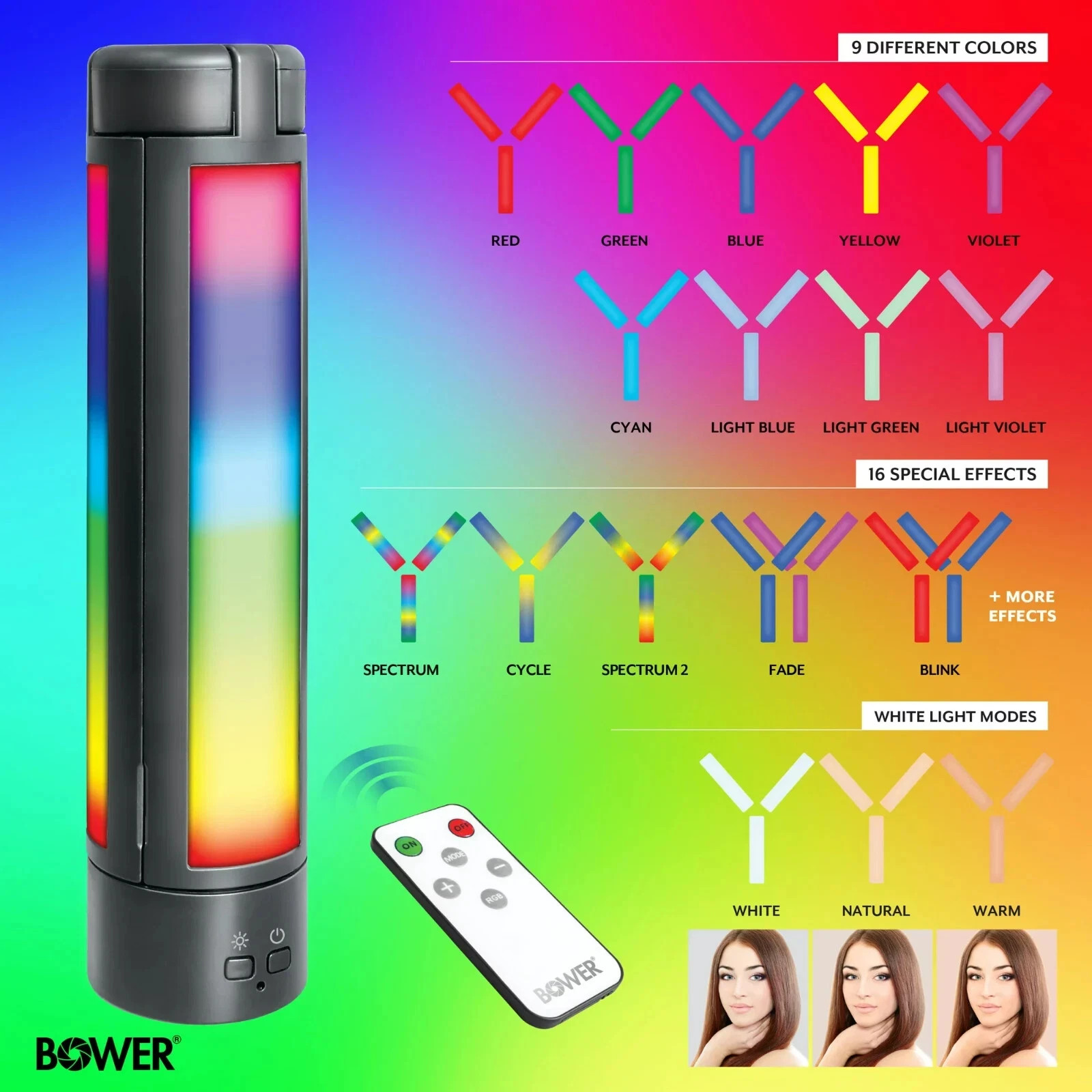 BOWER Multifunction Tri-Fold White & RGB LED Light w/Remote for Videos and More
