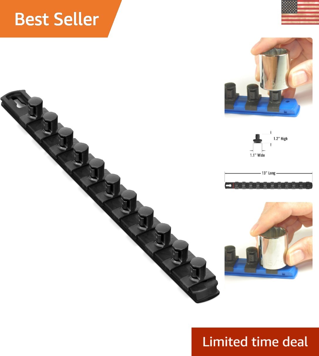 13-Inch Wall-Mounted Socket Rail Organizer with Twist Lock Security - Black