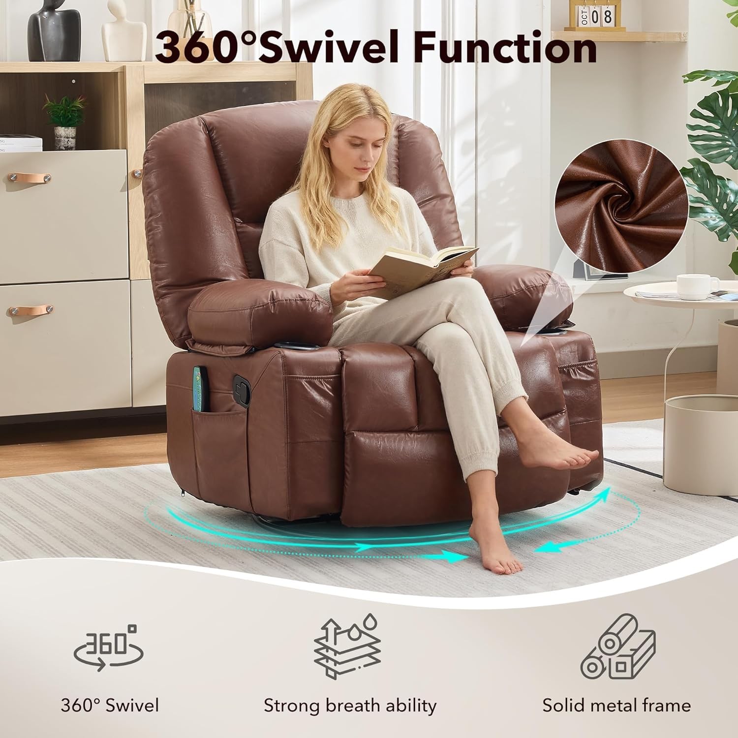 360° Rotating Recliner Chair Manual Recline, Heat & Vibration Massage, Brown