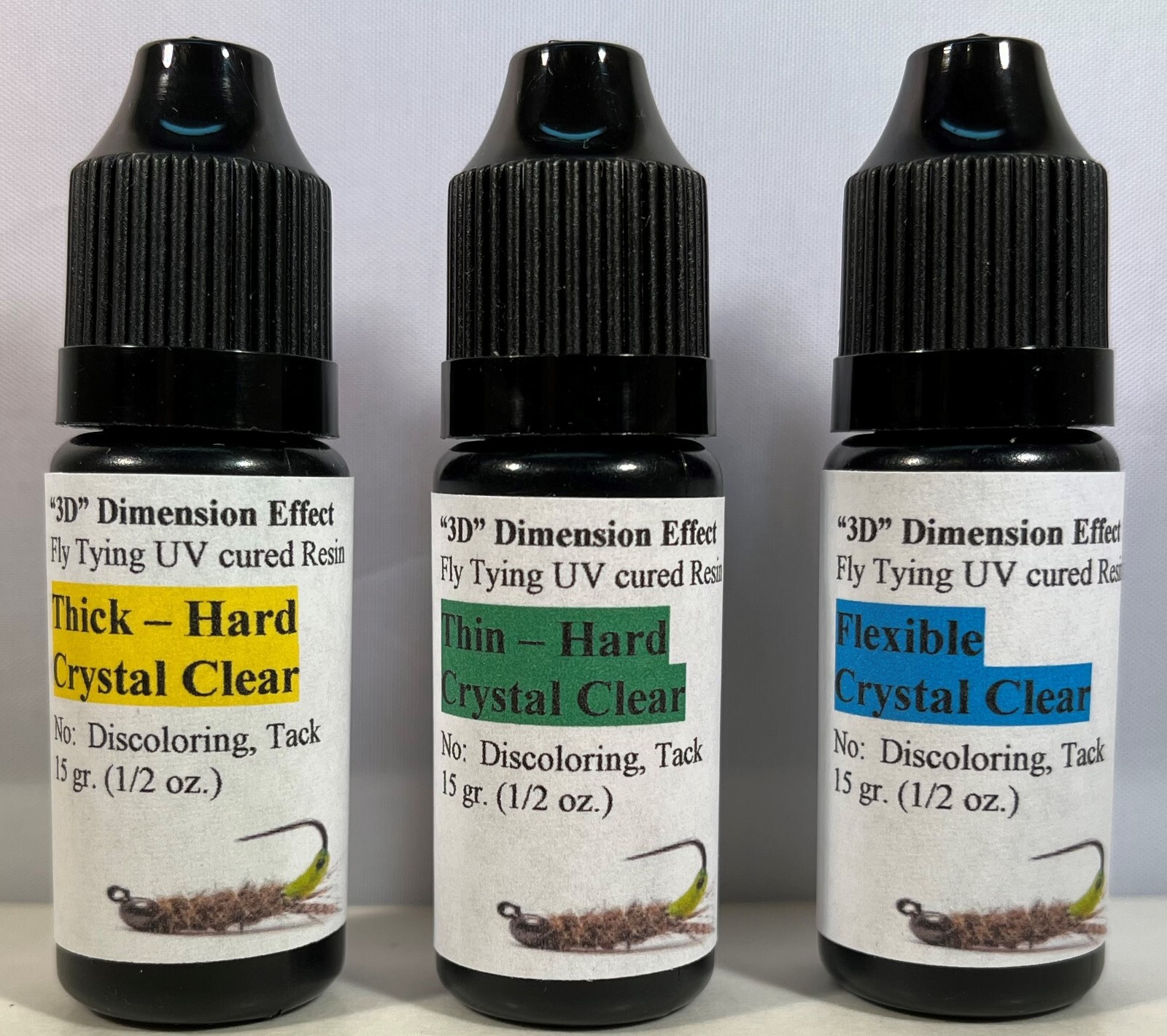 3 x 15gr. (45 gr.) Fly Tying UV varnish, - Thick Hard, Thin Hard, Soft/Flexible