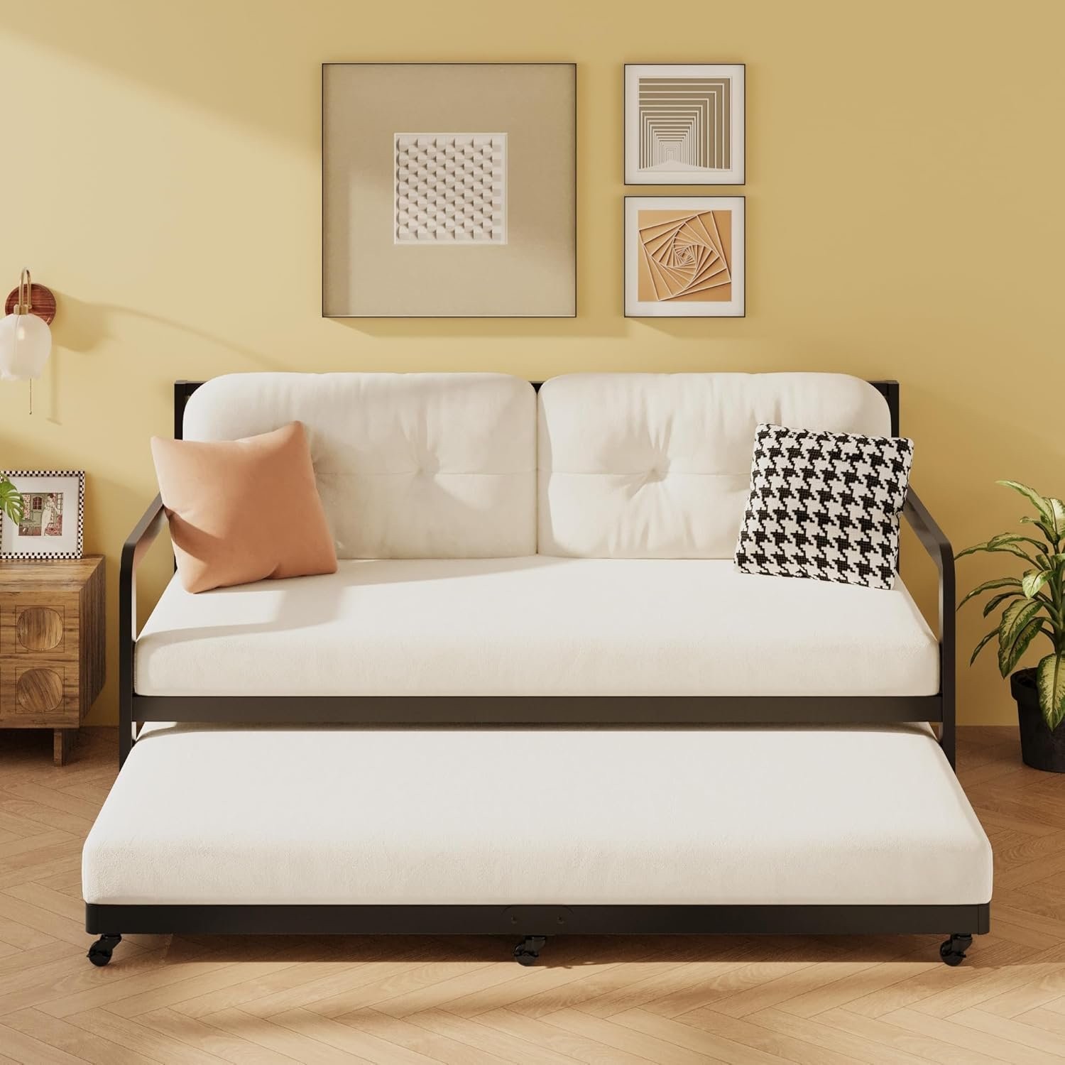 Black Twin Trundle Bed with Lockable Casters for Easy Storage and Convenience