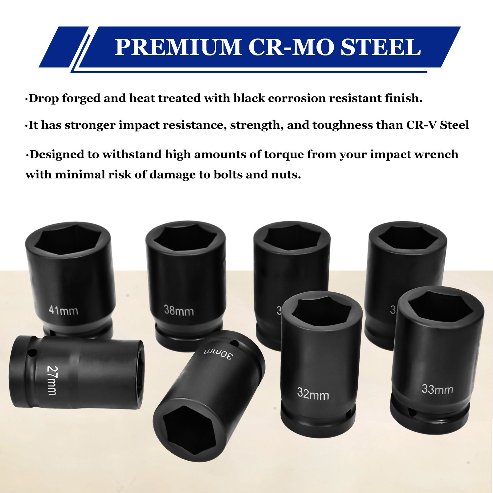 8 Metric Deep Impact Socket 1" inch Drive 6 Point Universal Hex Jumbo Socket Set