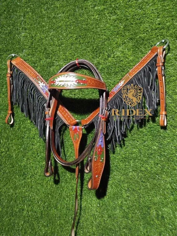 Beautiful Leather Western Headstall & Breast Plate Collar Set All Sizes.
