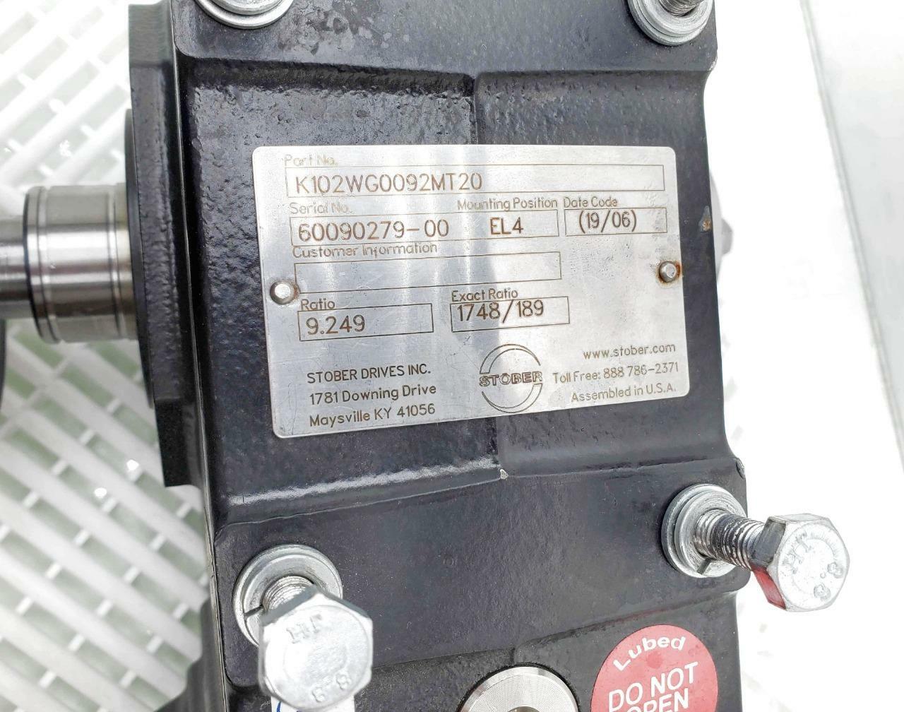 Stober K102WG0092MT20 Right Angle Gear Reducer 9.2:1 Ratio 6000 RPM 1"Dia.Output