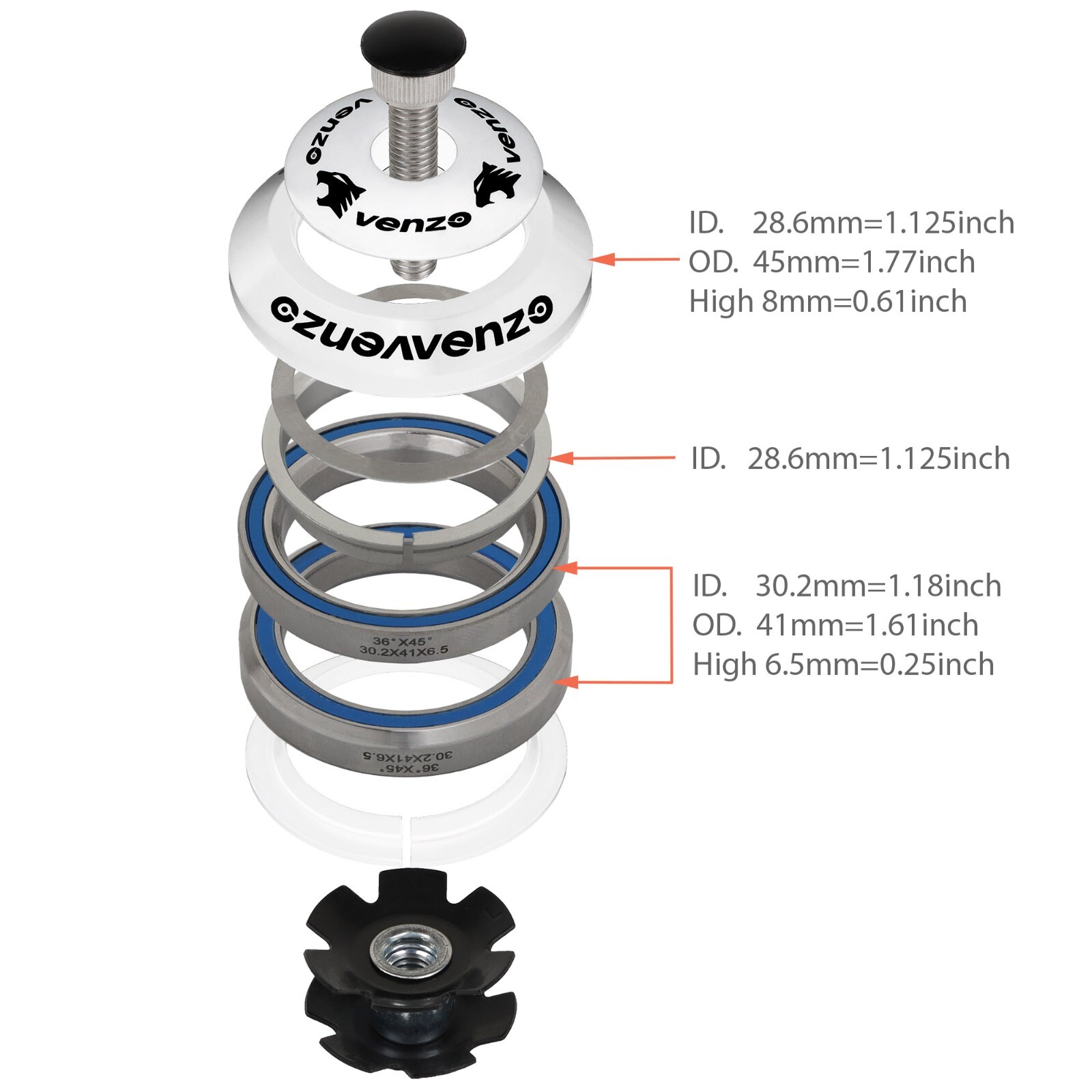 Venzo 1-1/8" Threadless Mountain Bike MTB Headset Sealed Bearings - WHITE