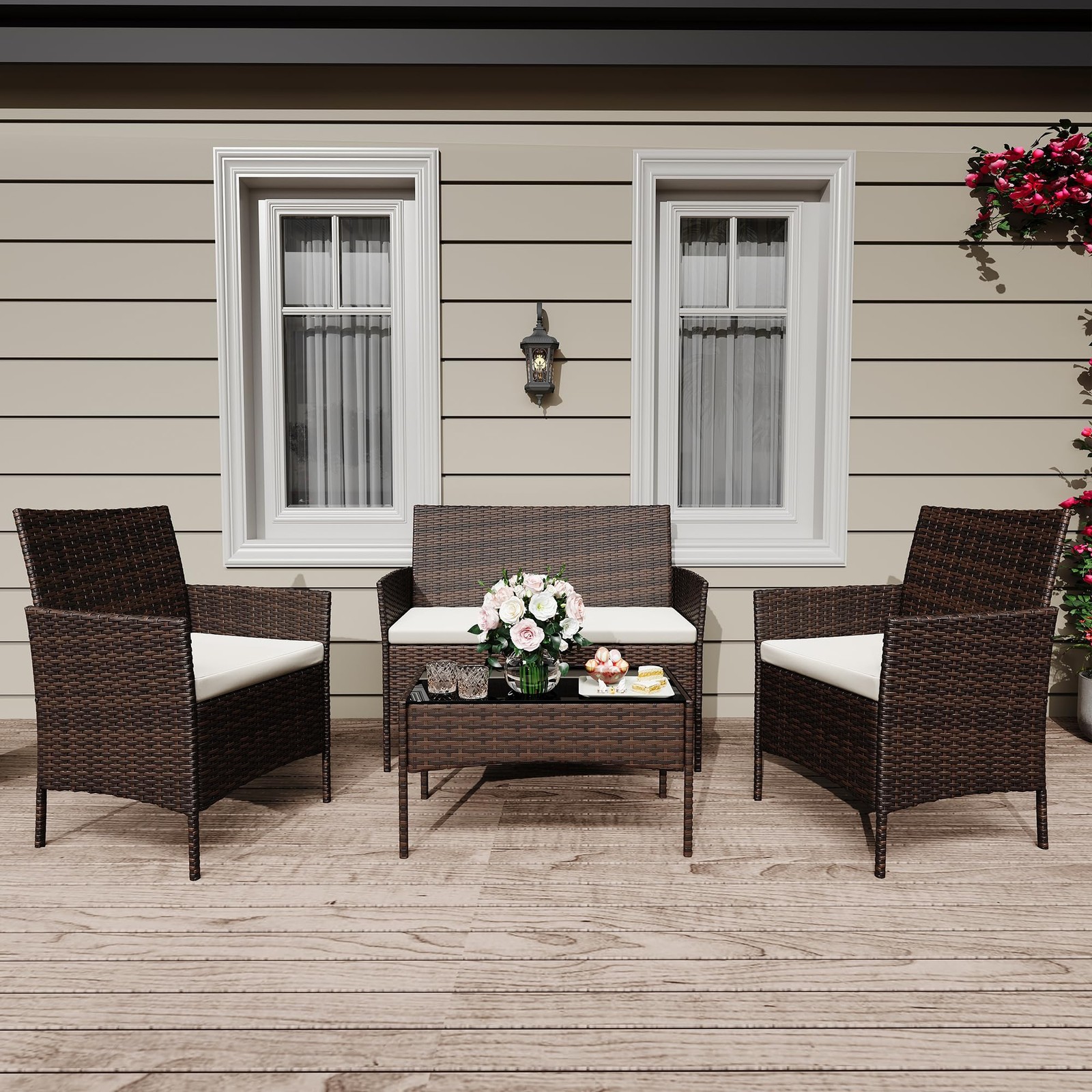 4 Piece Patio Furniture Set, Modern Patio Conversation Set with Glass Coffee ...