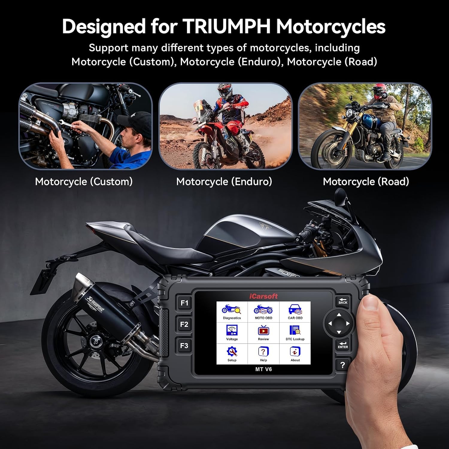 Triumph Motorcycle Diagnostic Tool iCarsoft MT V6 OBD2 Scanner Code Reader UK