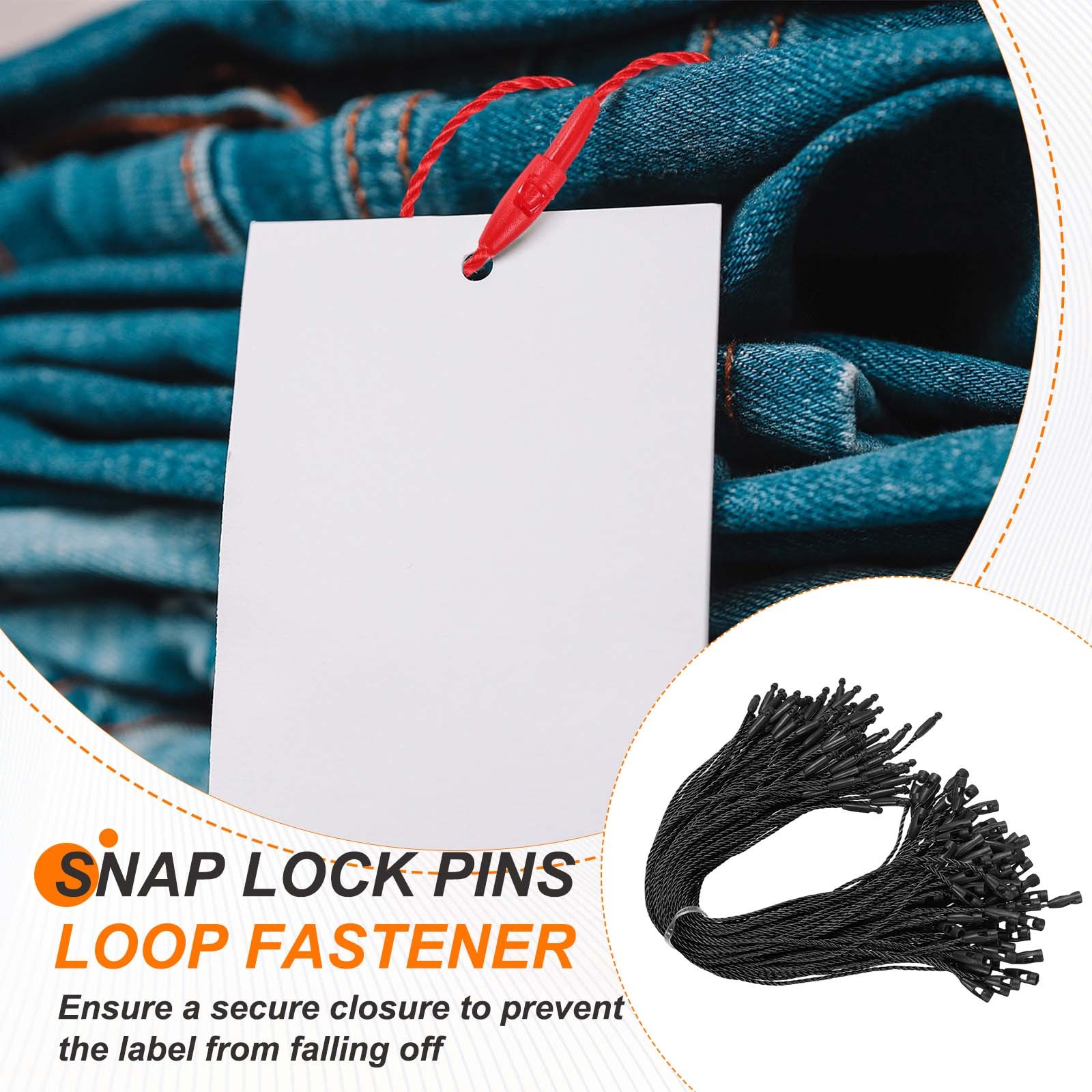 1000 Pcs Polyester Hang Tag String 8" Snap Lock Pins Loop Fastener, Black