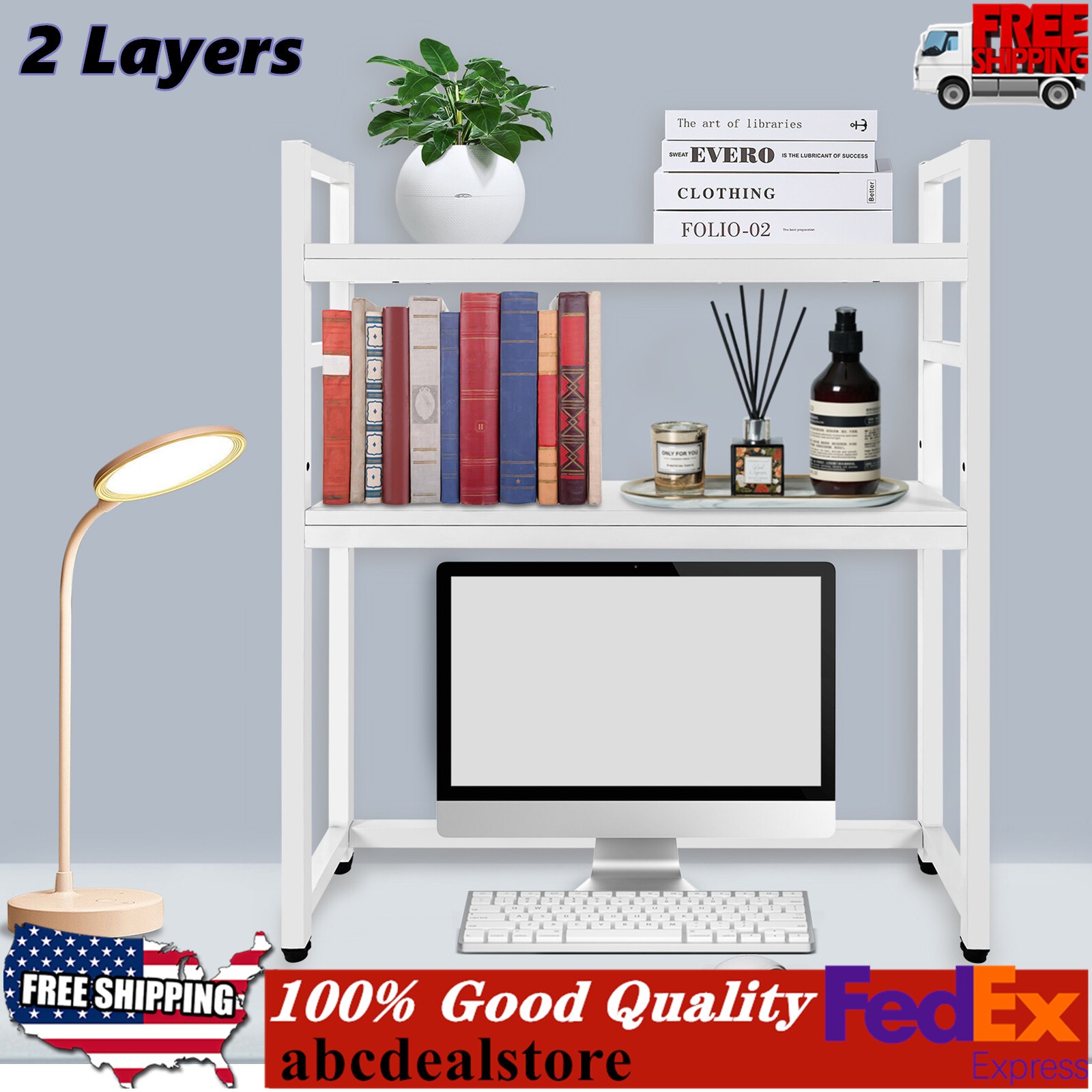 White Desktop Bookshelf Storage Organizer Computer Desk Shelf Display Rack