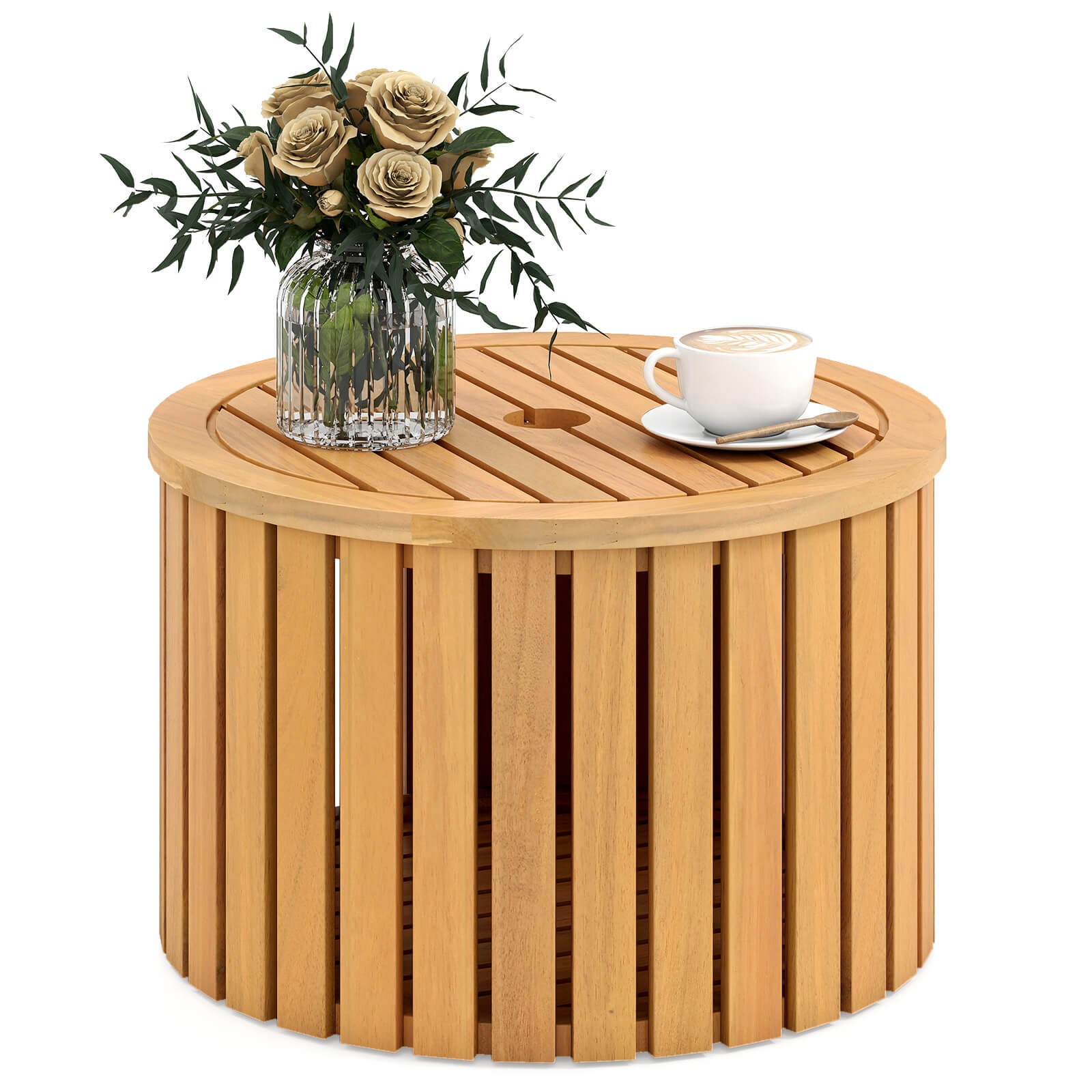 2-in-1 Outdoor Side Table w/Storage, Umbrella Hole & Removable Base for Backyard